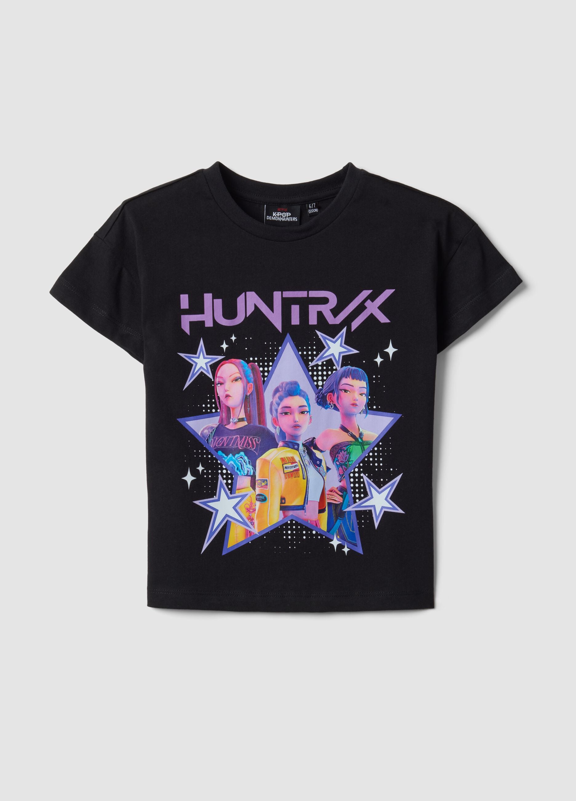 Black pure cotton T-shirt with K-Pop Demon Hunters print for girls