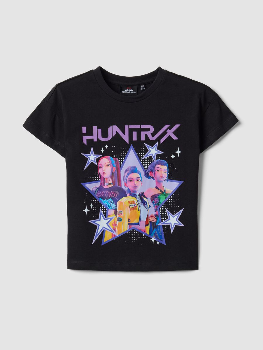 Black pure cotton T-shirt with K-Pop Demon Hunters print for girls_0