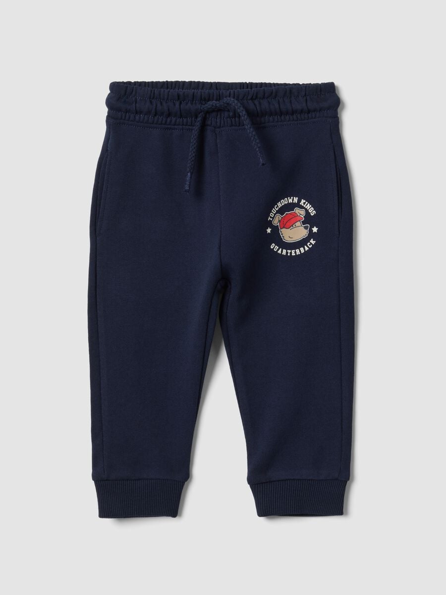 Pantaloni jogger blu in puro cotone con stampa cagnolino per bimbo_0
