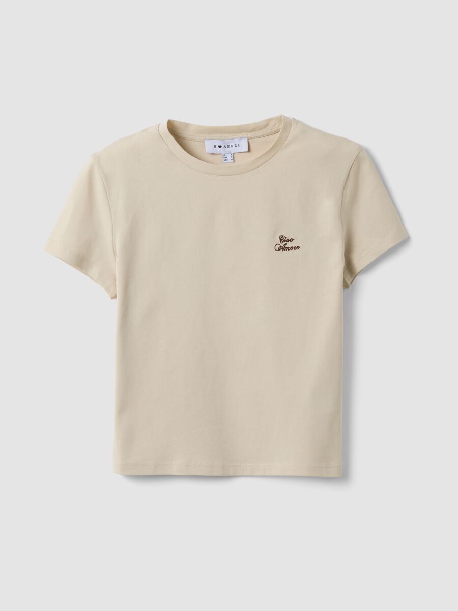 Beige pure cotton cropped T-shirt with crew neck and print_0