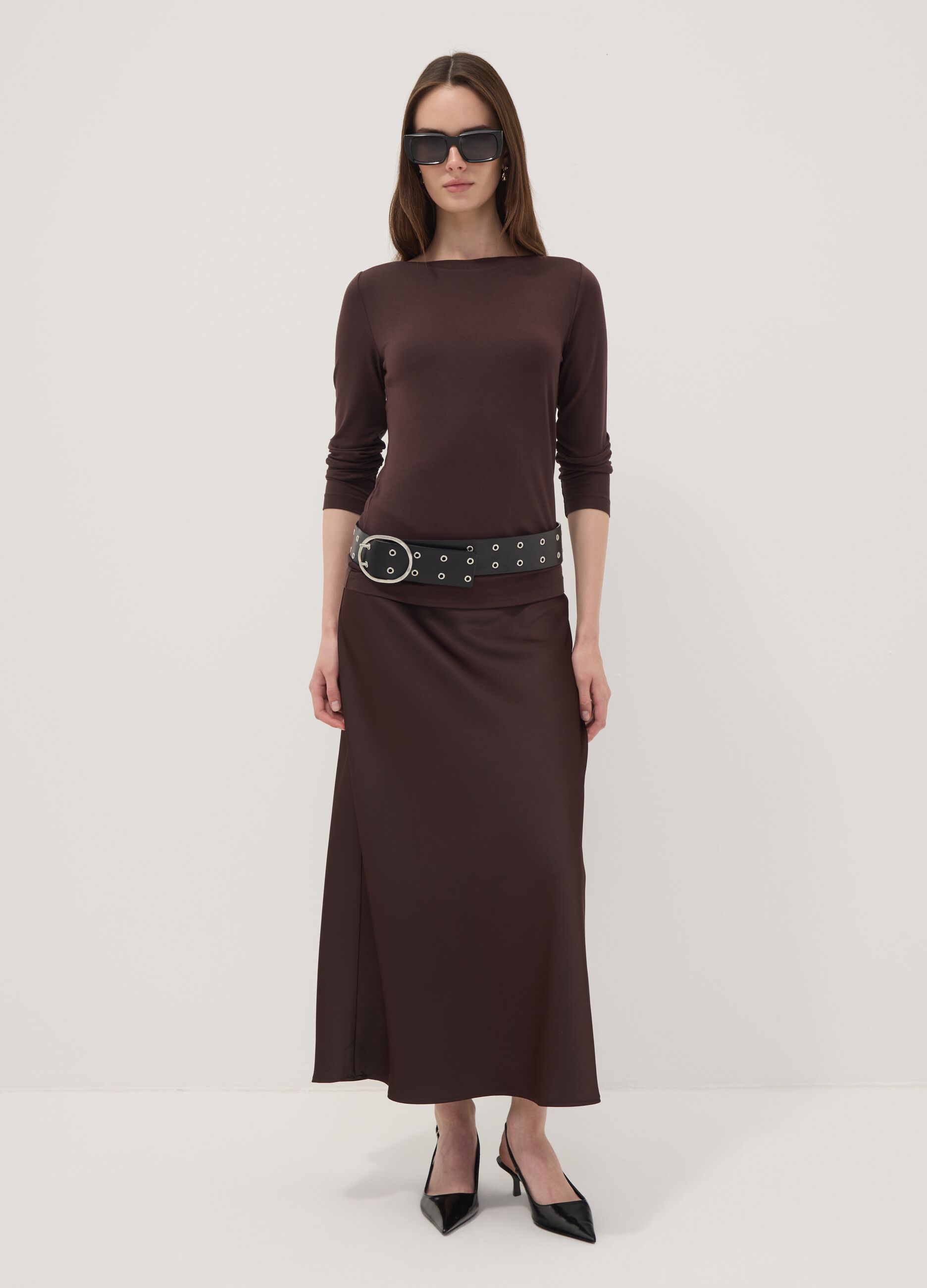 Brown slim-fit stretch viscose T-shirt