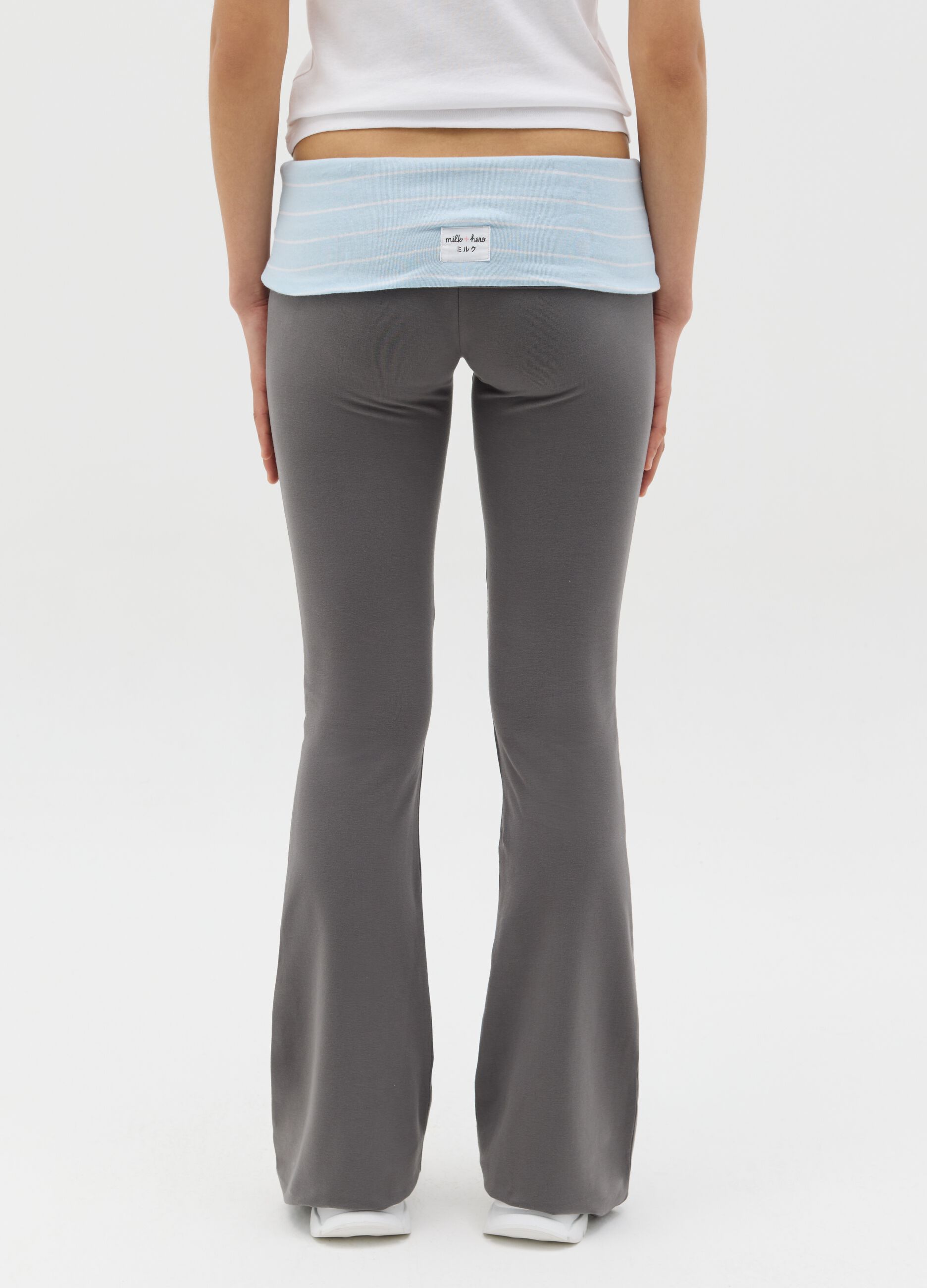 Grey flare-fit leggings with striped fold at the waist