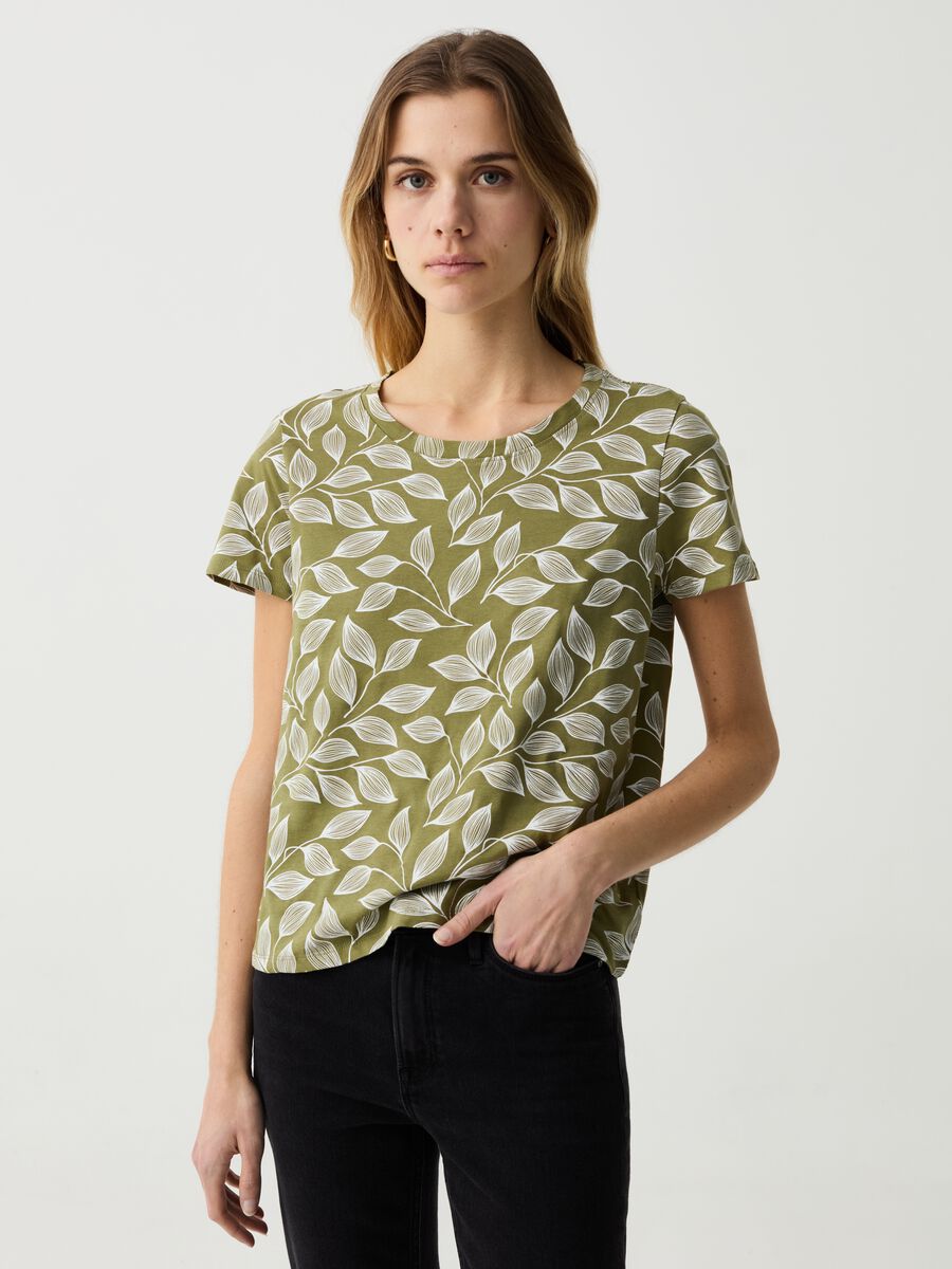 T-shirt in cotone con stampa foliage_0