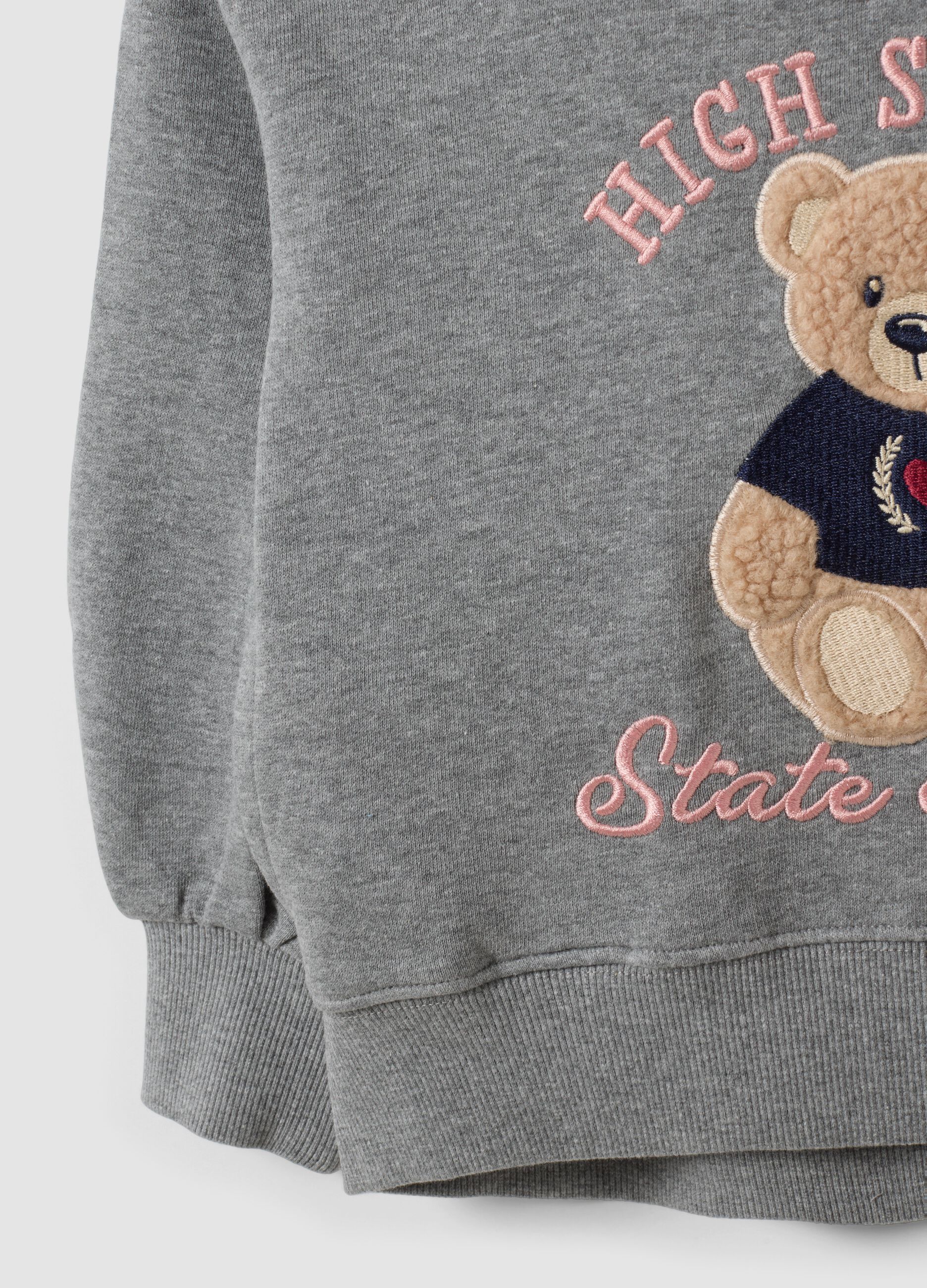Grey cotton-viscose blend sweatshirt with embroidered teddy bear for girls