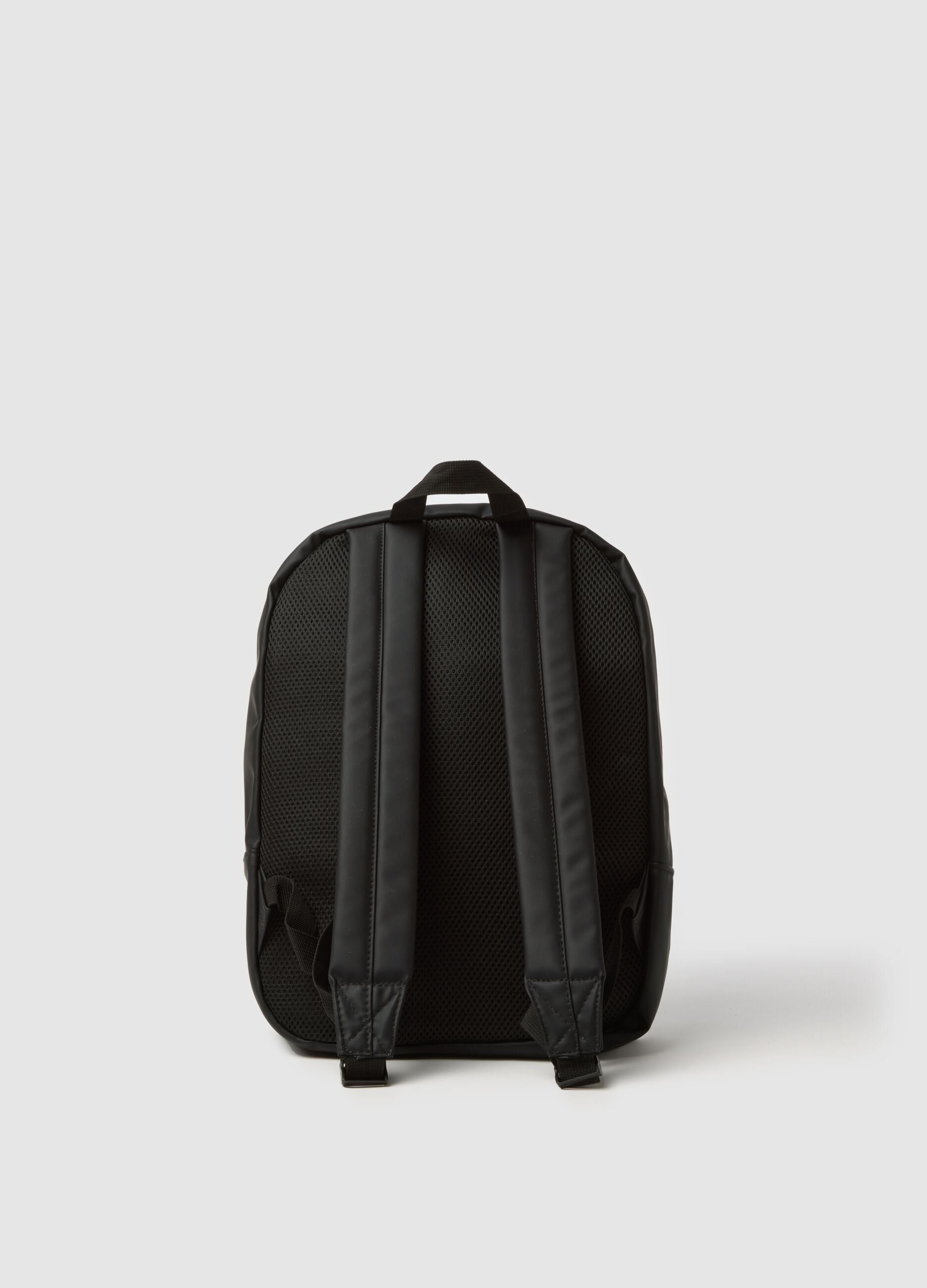 Black backpack with adjustable shoulder straps and front pocket