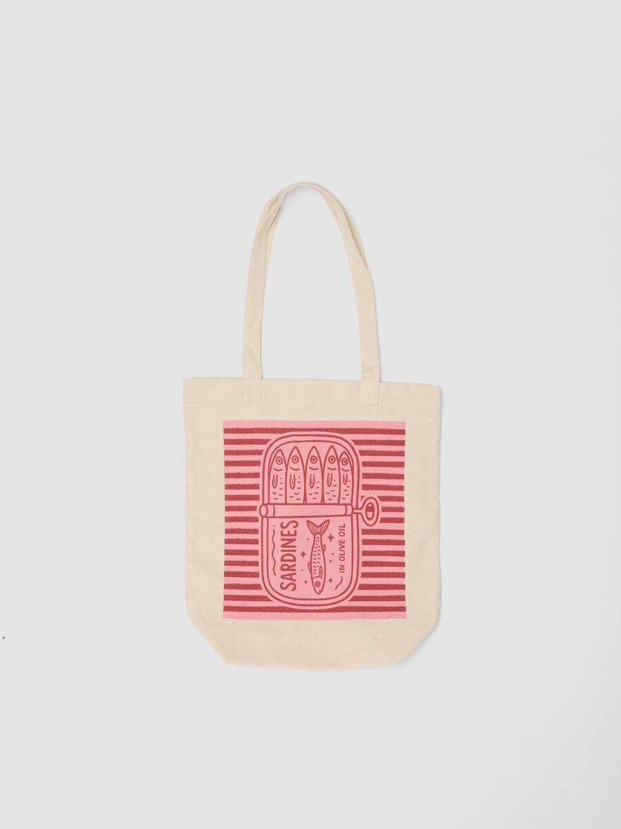 Pure cotton beige bag with sardine box print_0