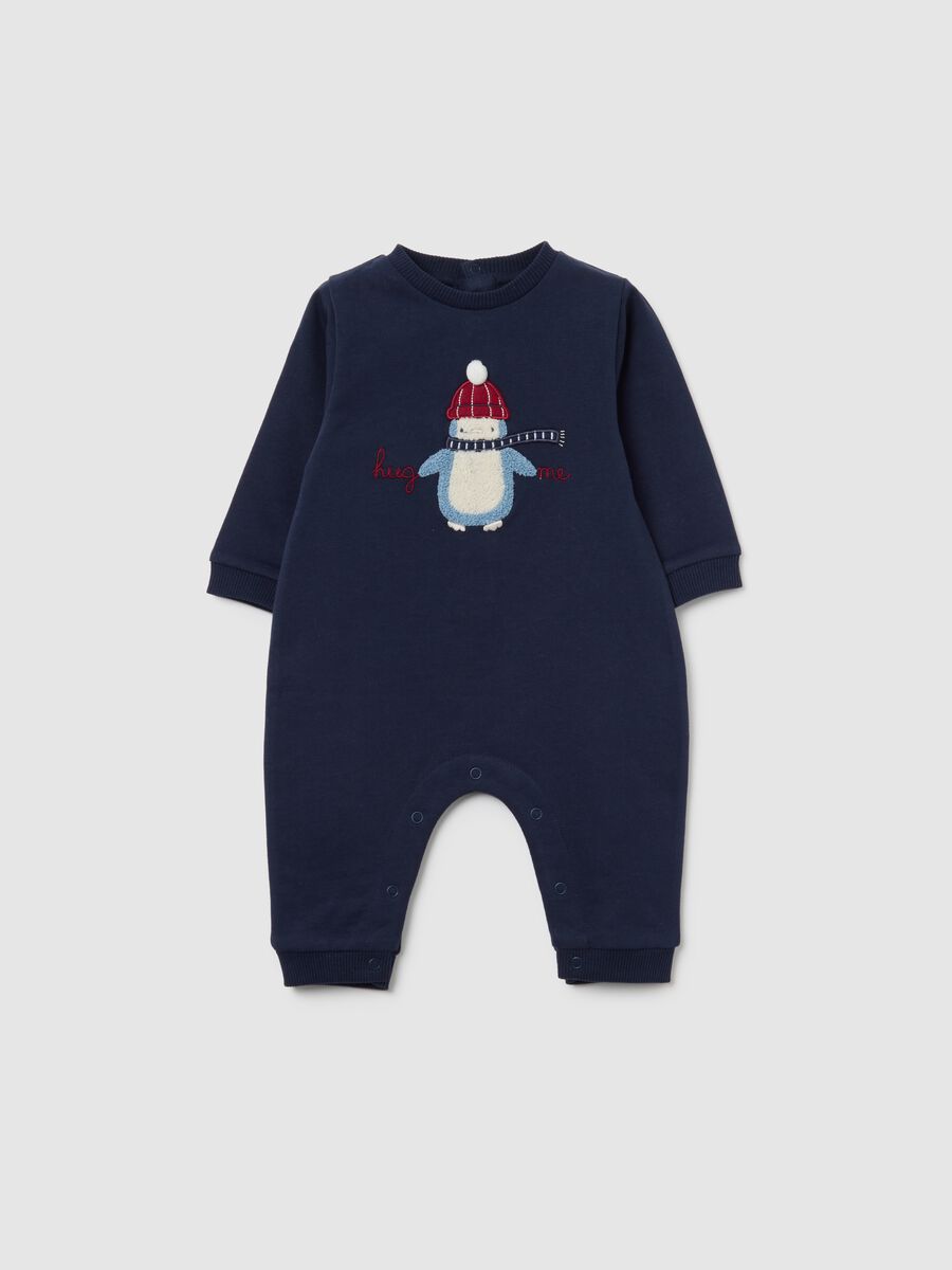 Tutina da neonato in puro cotone blu con ricamo_0