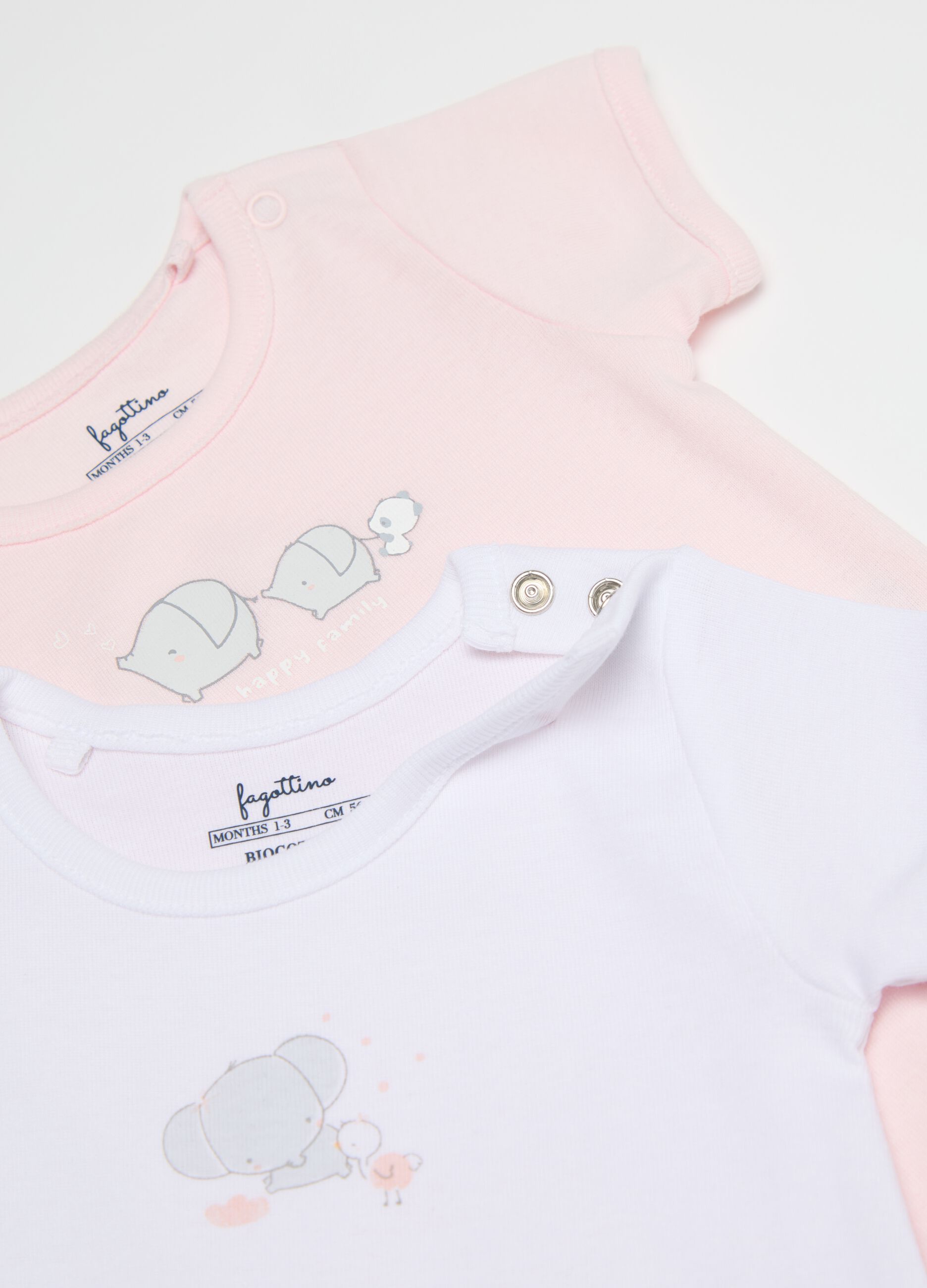 Three-pack white and pink bodysuits in organic cotton with print