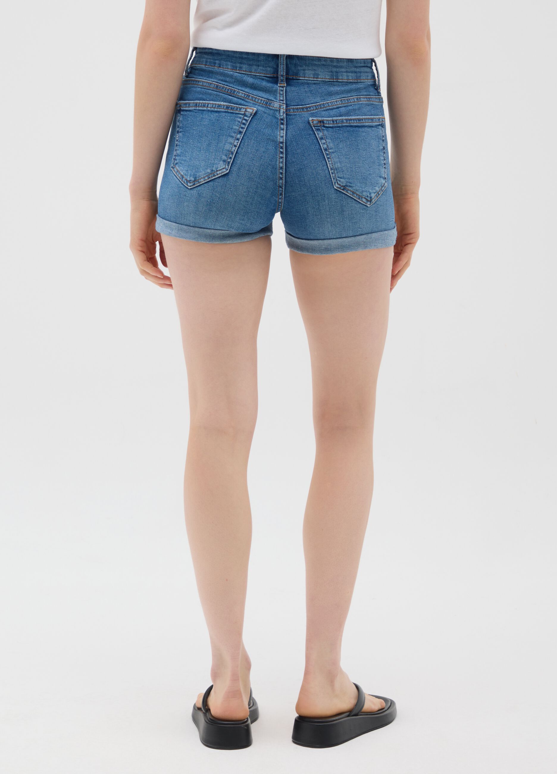 Women's blue denim slim fit shorts with turn-up