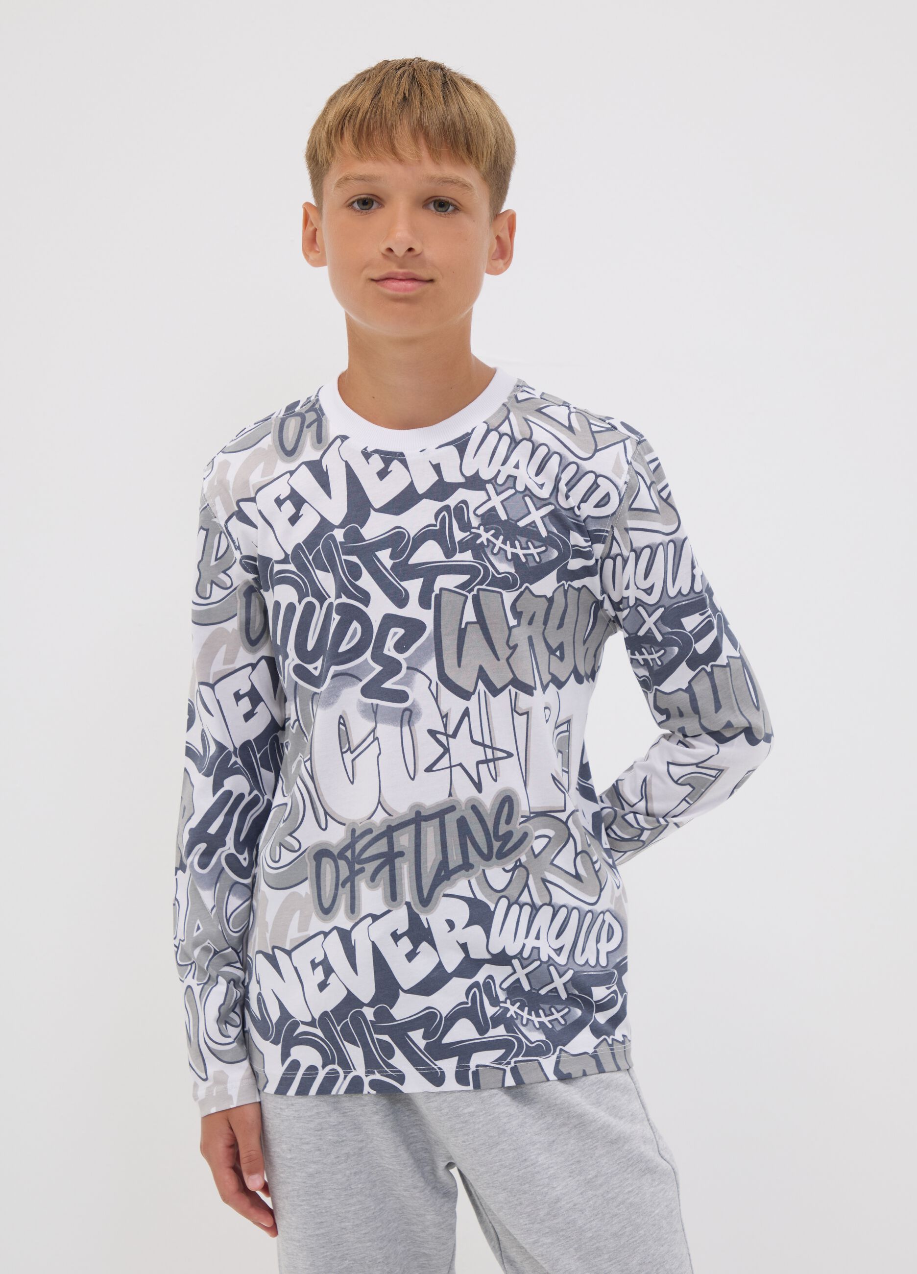 White organic cotton graffiti T-shirt for boys, relaxed fit