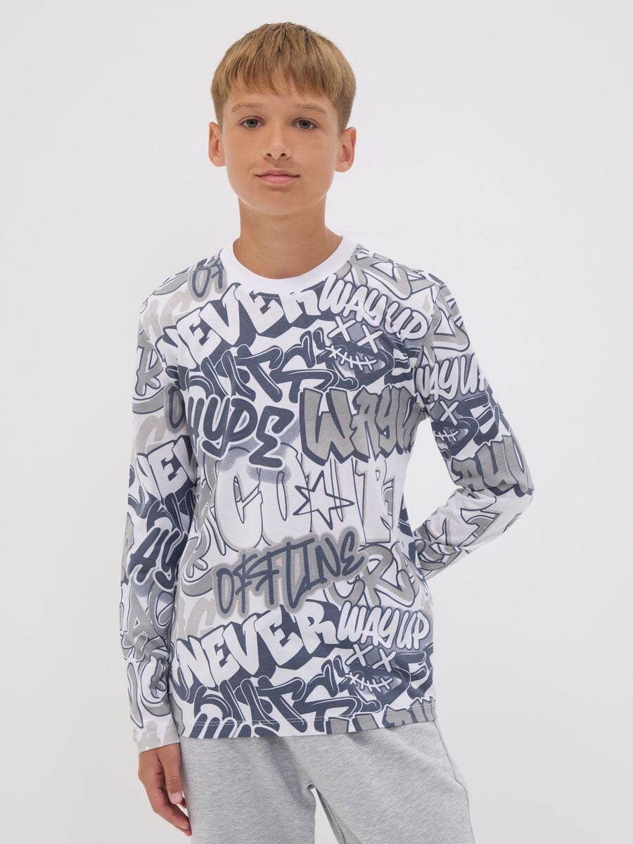 T-shirt bianca in puro cotone organico con graffiti per ragazzo relaxed fit_1