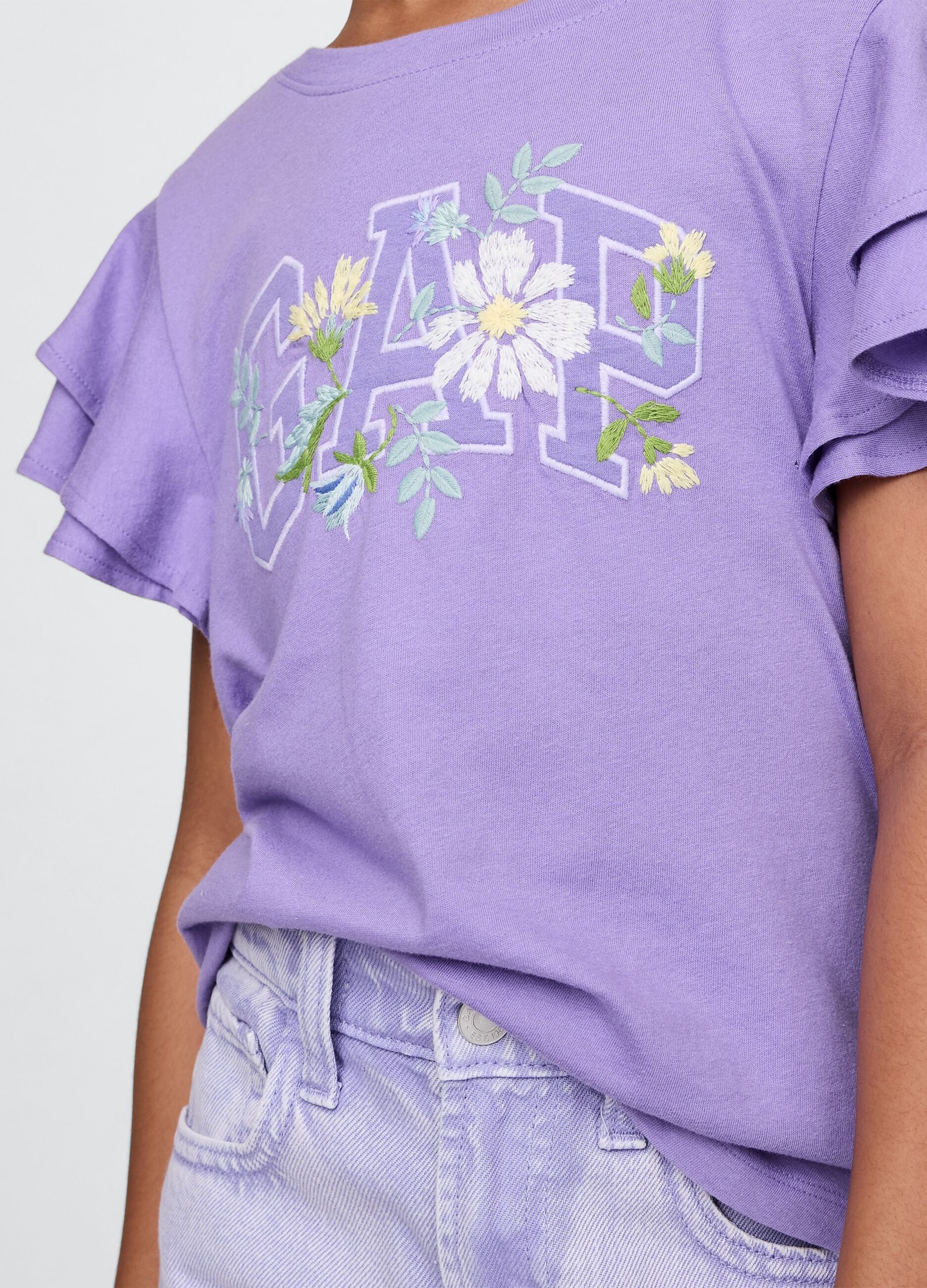 Purple short sleeve T-shirt with ruffles and GAP logo