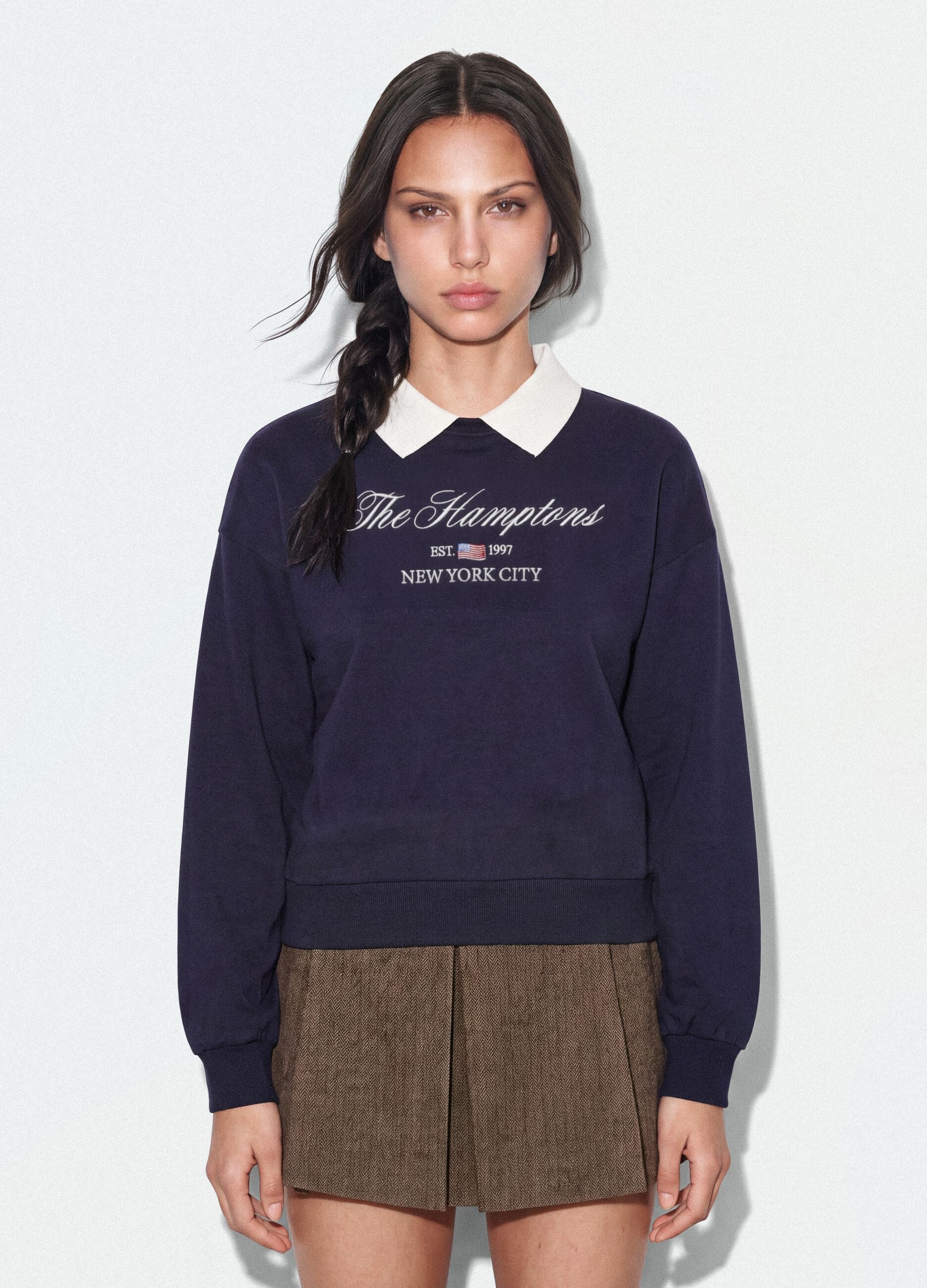 Blue cotton-blend sweatshirt with crew neck and contrast collar