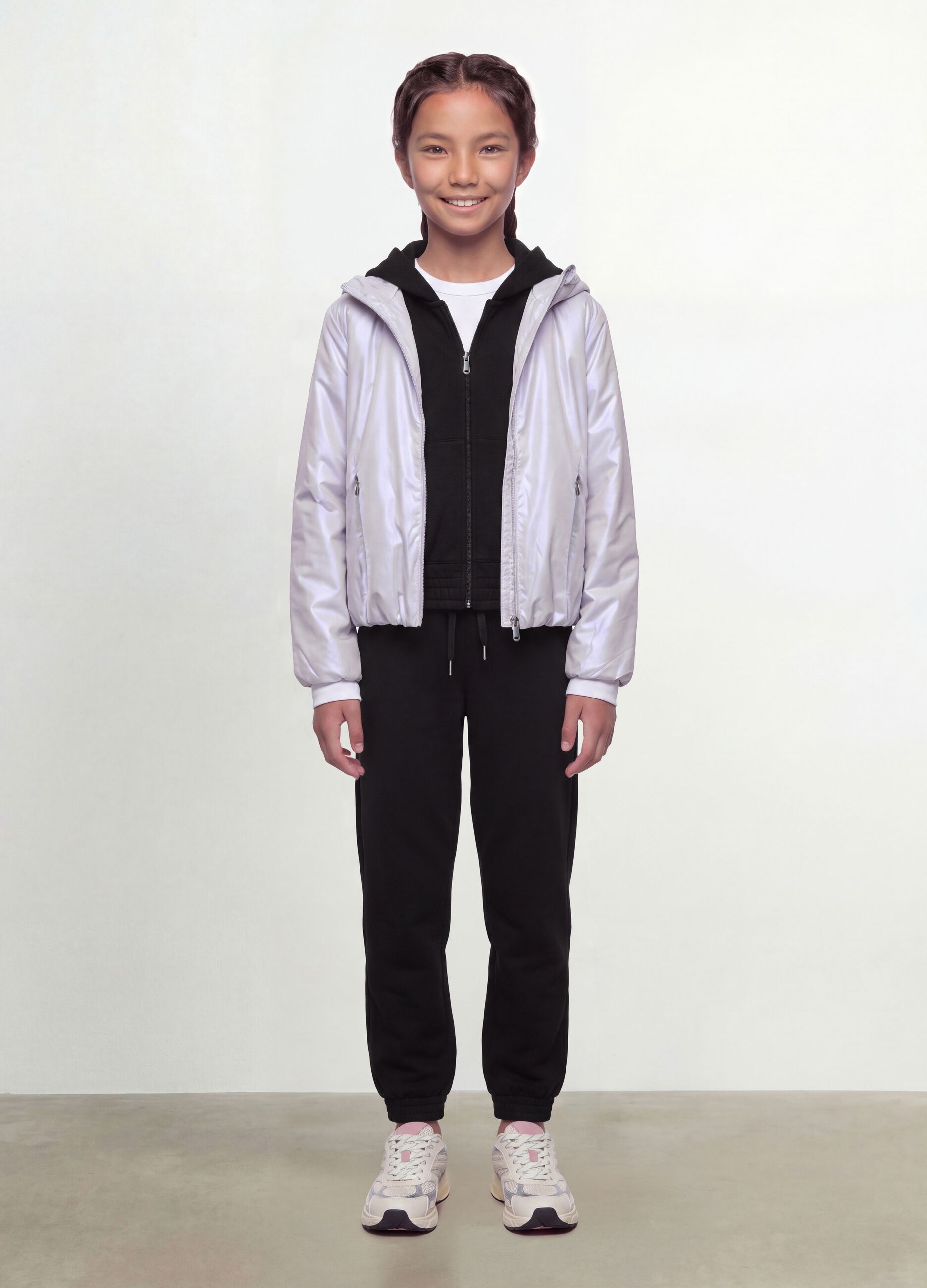 Grey hooded rain jacket with zip for girls