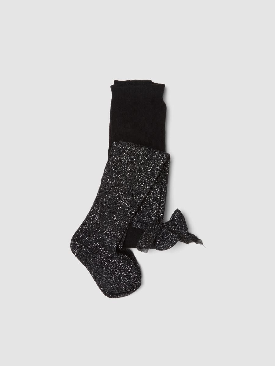 Black stretch organic cotton tights with bow and glitter details_0