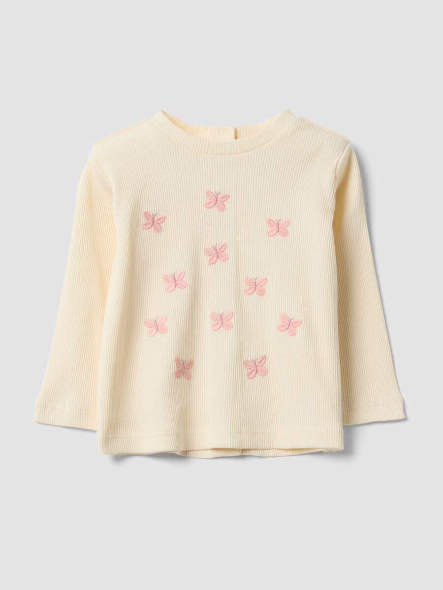 Maglia bianca in puro cotone organico a costine con ricami farfalla per neonata_0