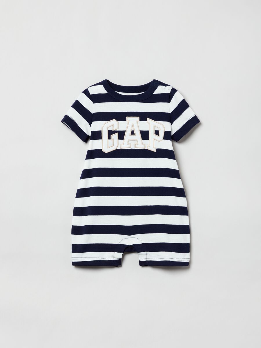 Striped romper suit with logo embroidery_0
