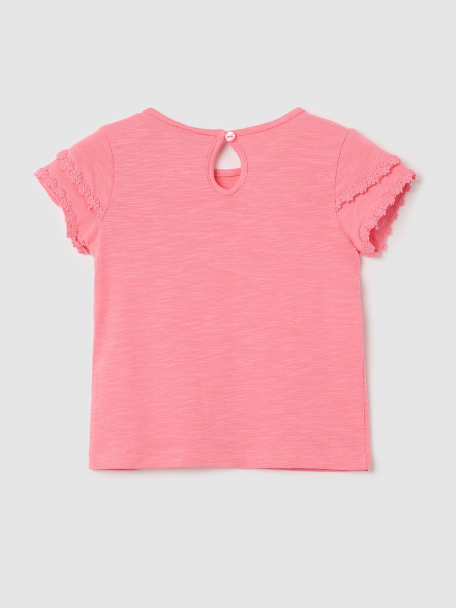 Pink cotton T-shirt with crochet flowers_1