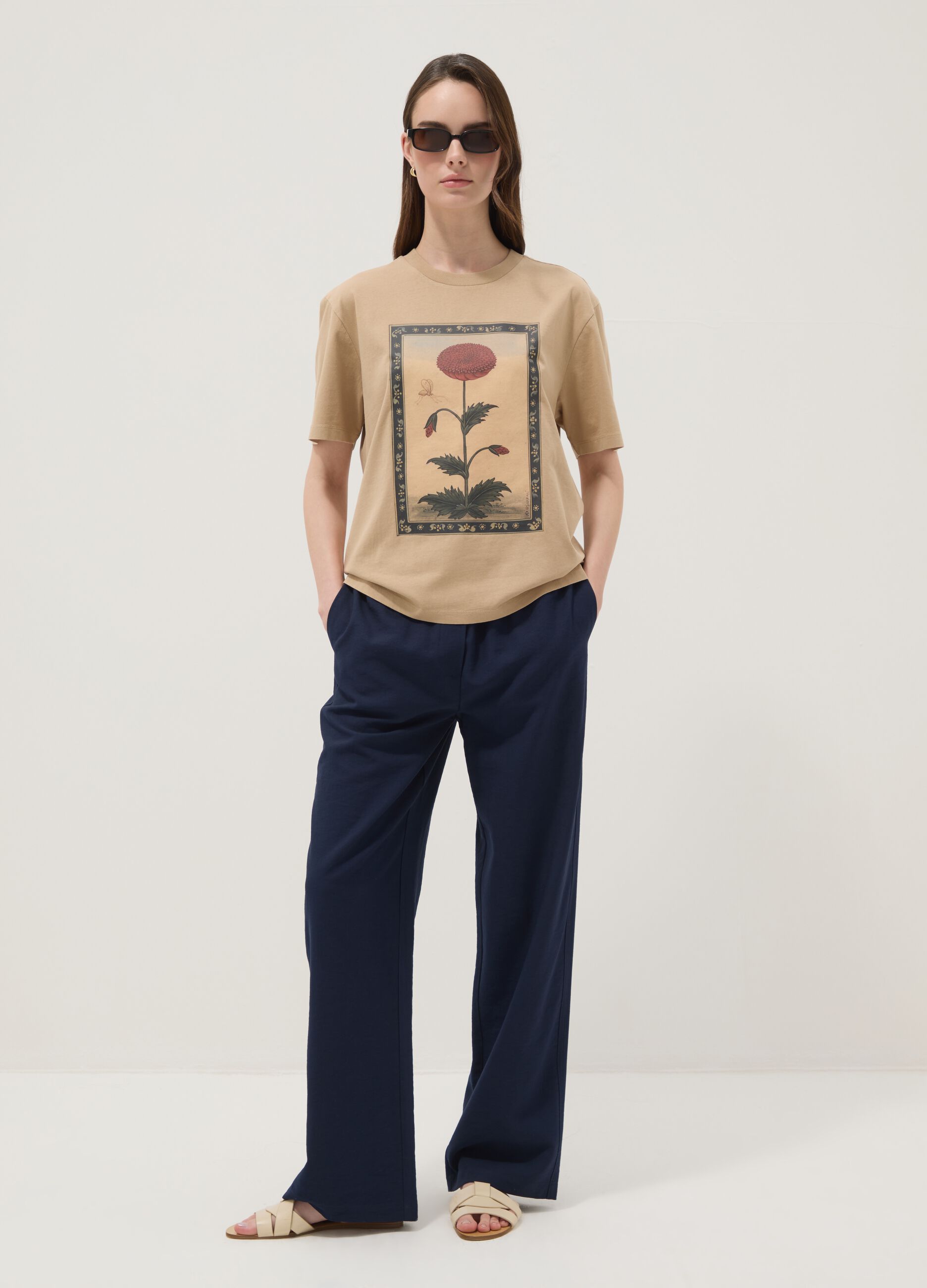 Beige pure cotton T-shirt with floral print
