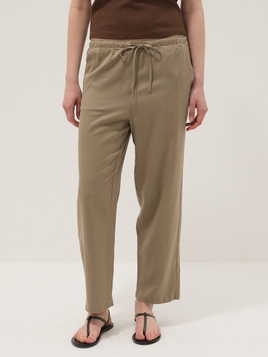 Pantaloni in misto viscosa e lino beige straight fit con coulisse_2