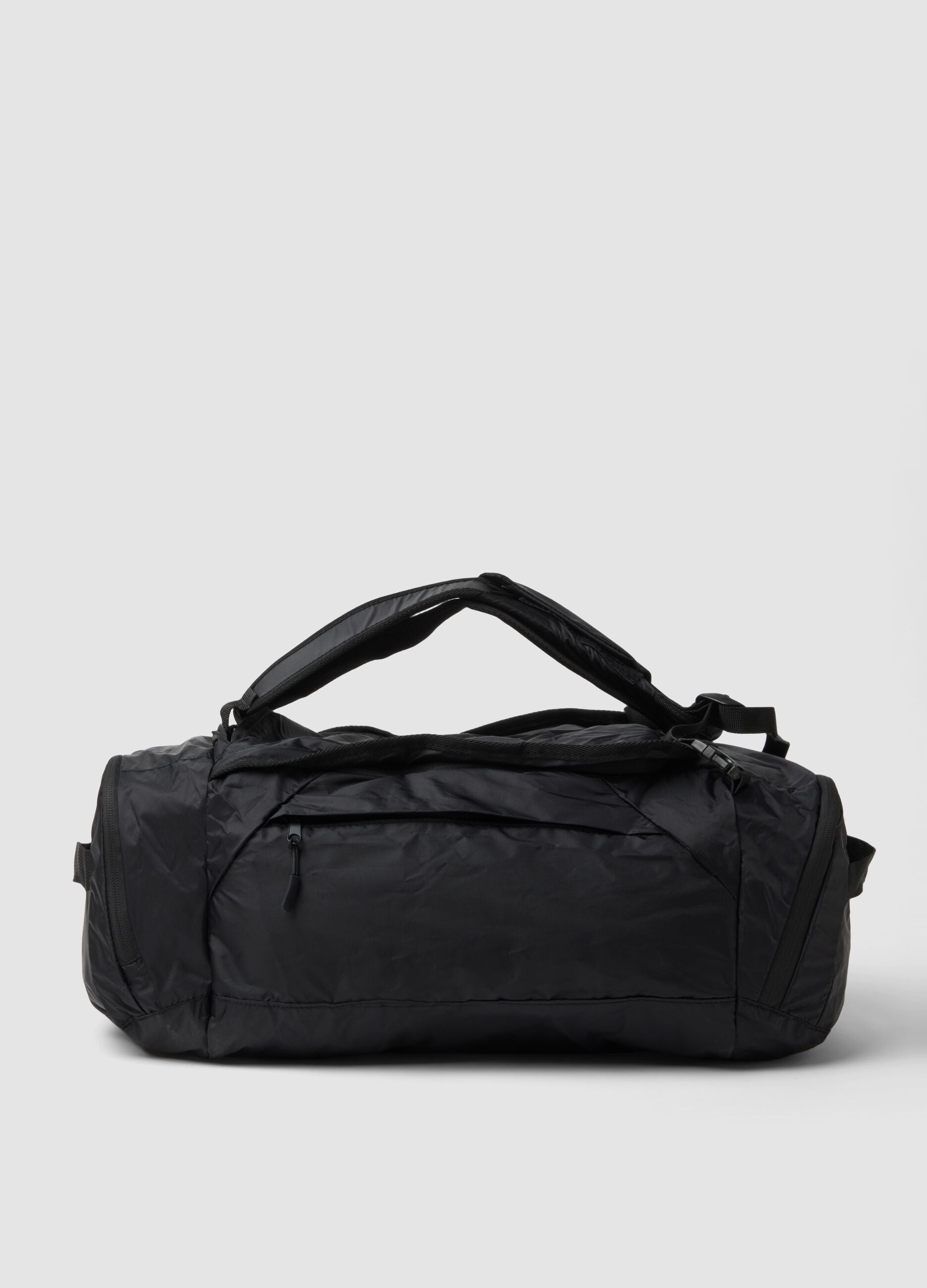 Foldable black sports duffel bag with backpack straps