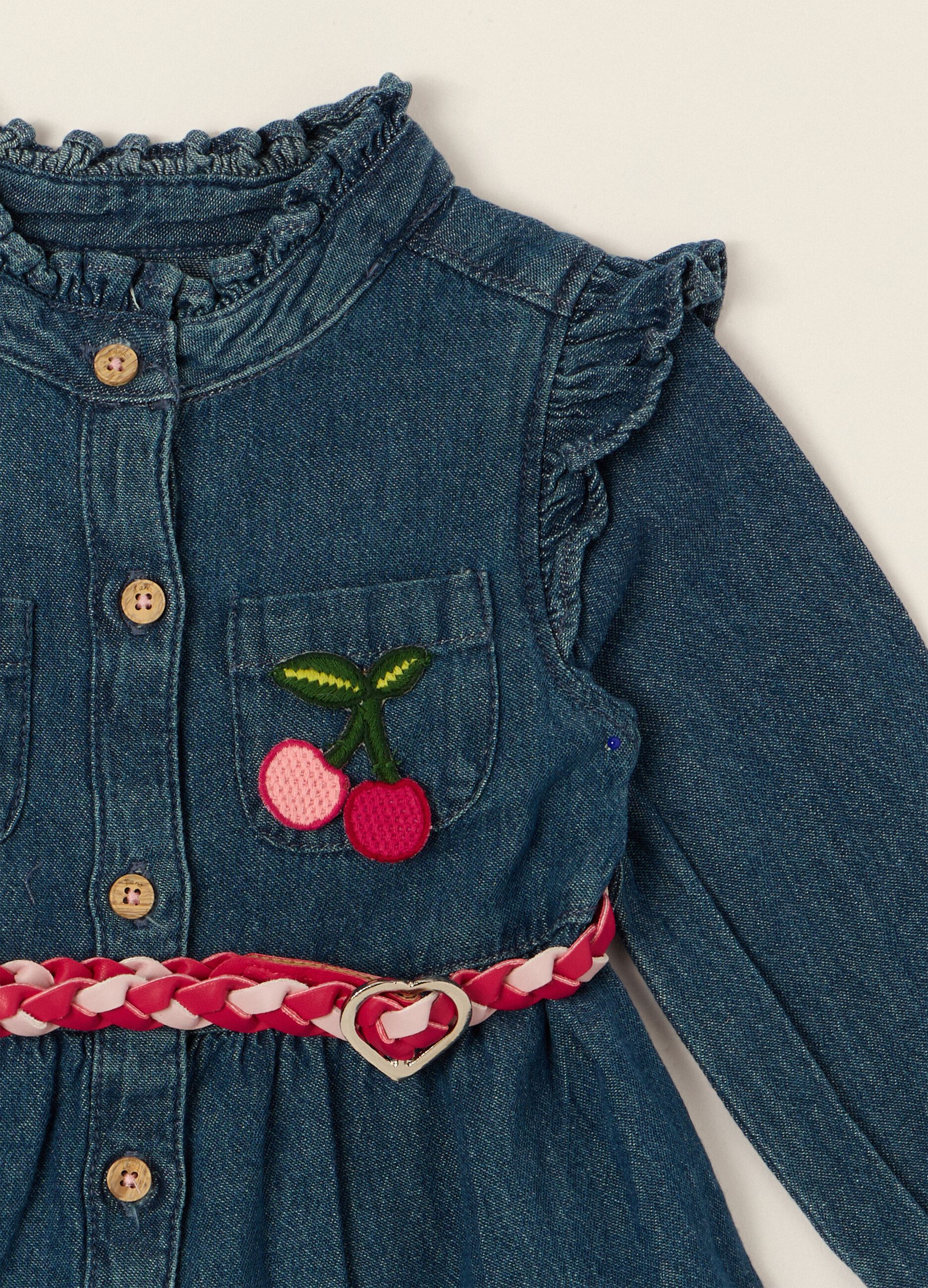 Baby girls&rsquo; pure cotton denim dress with cherry embroidery