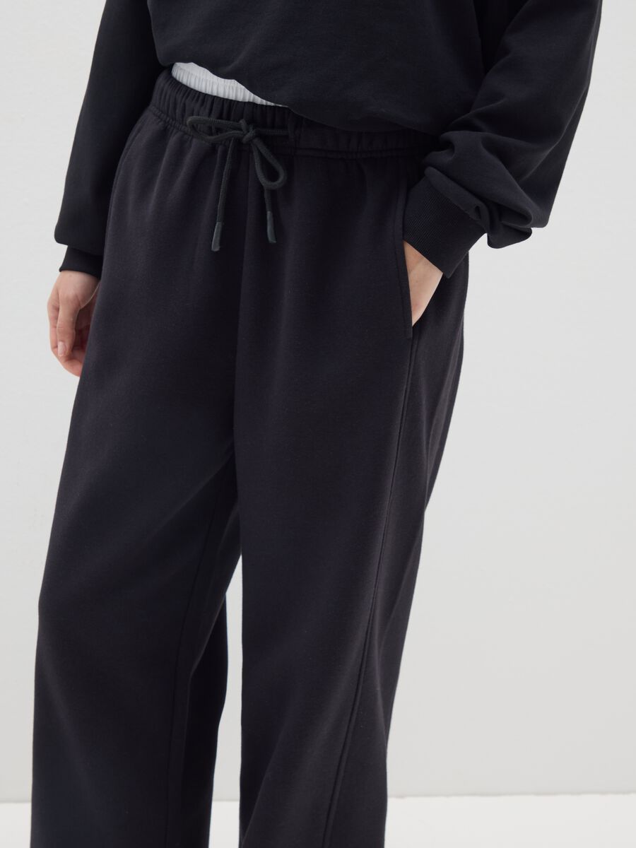 Black cotton blend wide leg joggers_3