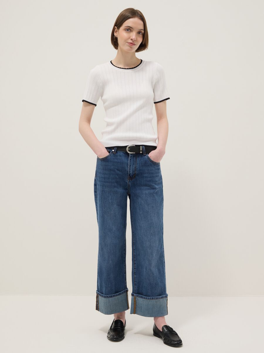 Blue regular fit cotton blend denim trousers_0