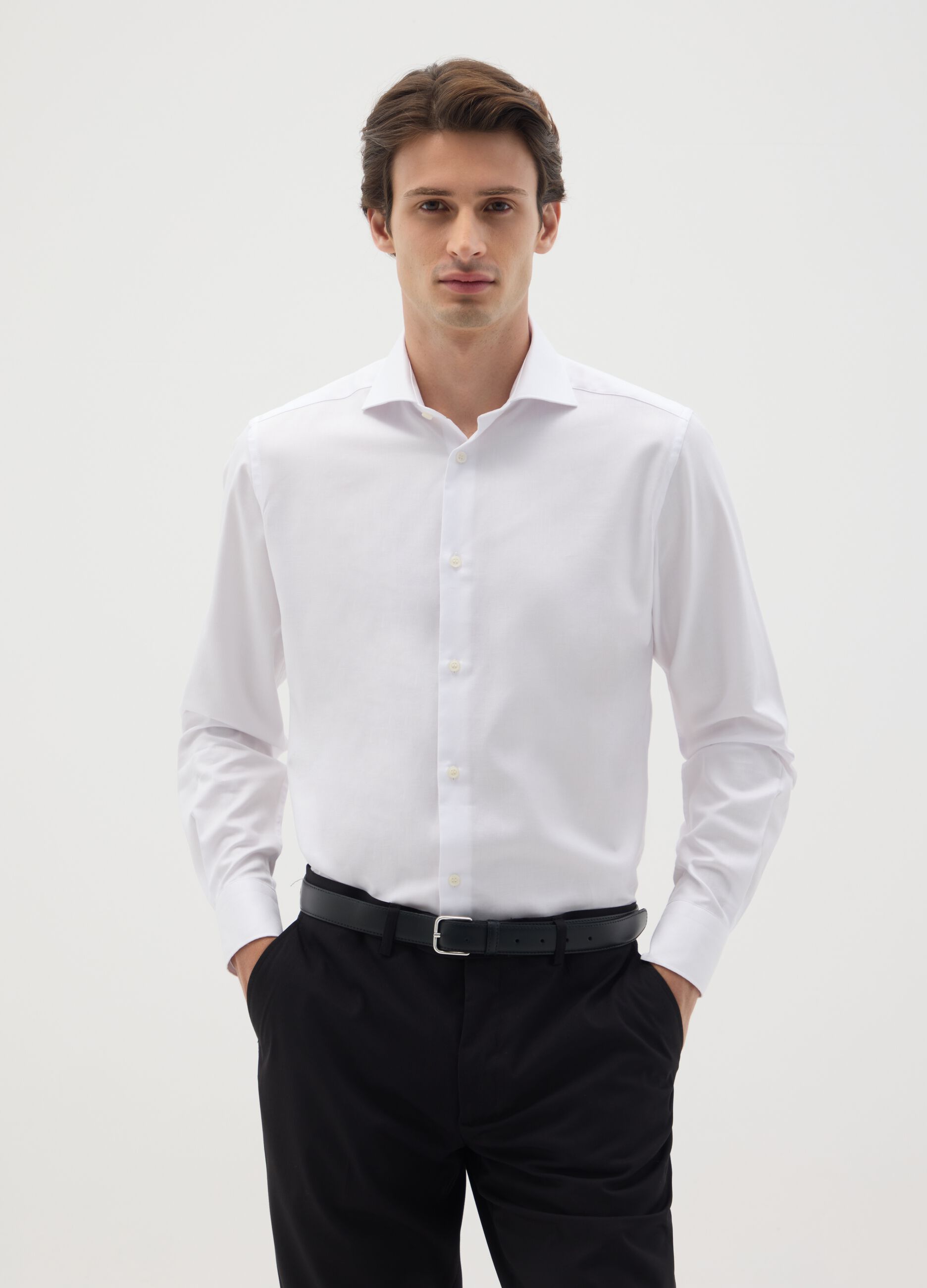 Men's white slim fit pure cotton shirt, easy iron