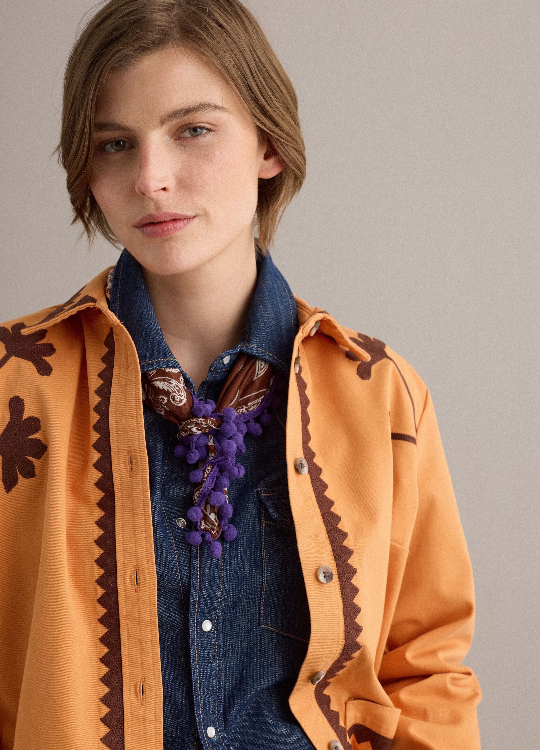 Orange pure cotton jacket with contrast embroidery