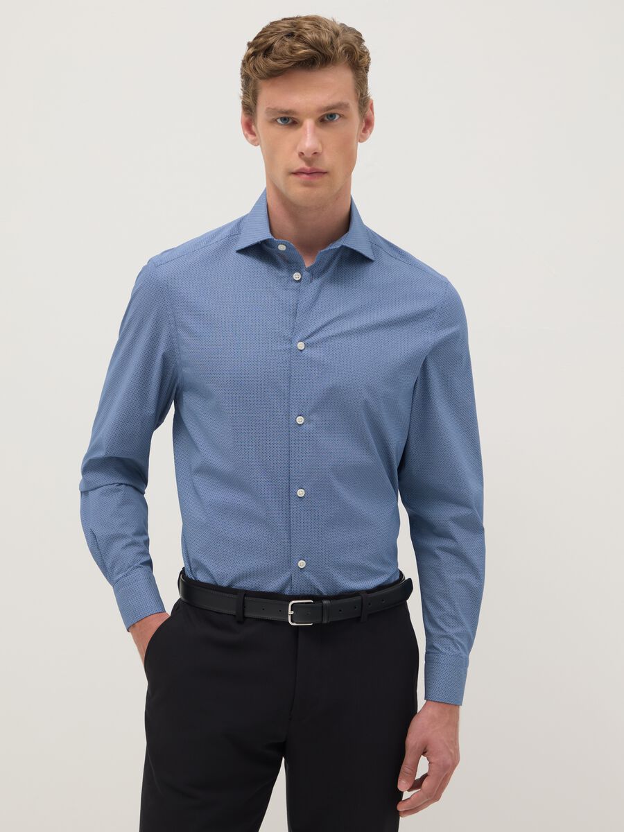Blue shirt with micro-checks in stretch cotton regular fit_0