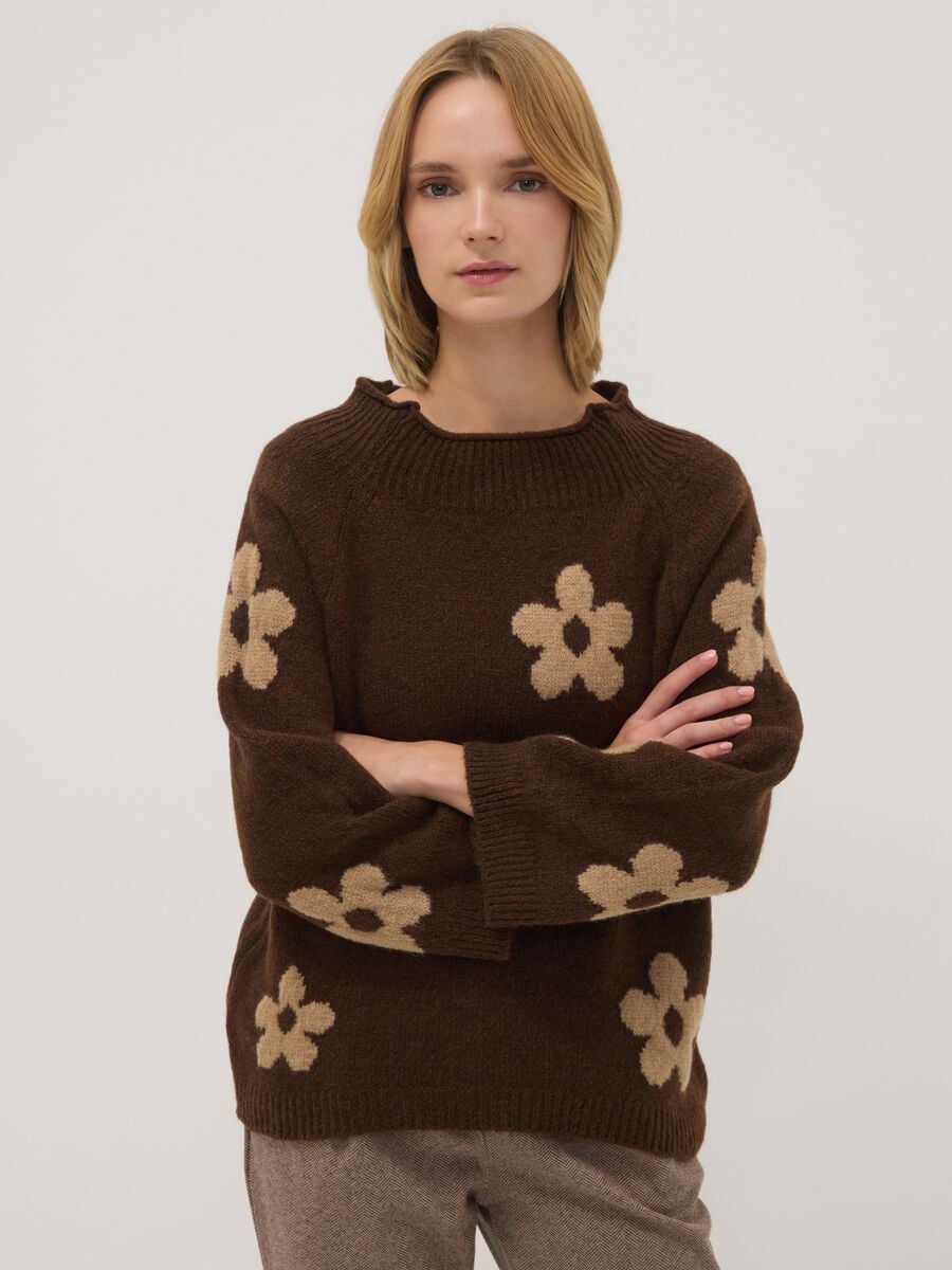 Brown and orange wool-blend floral jumper_0