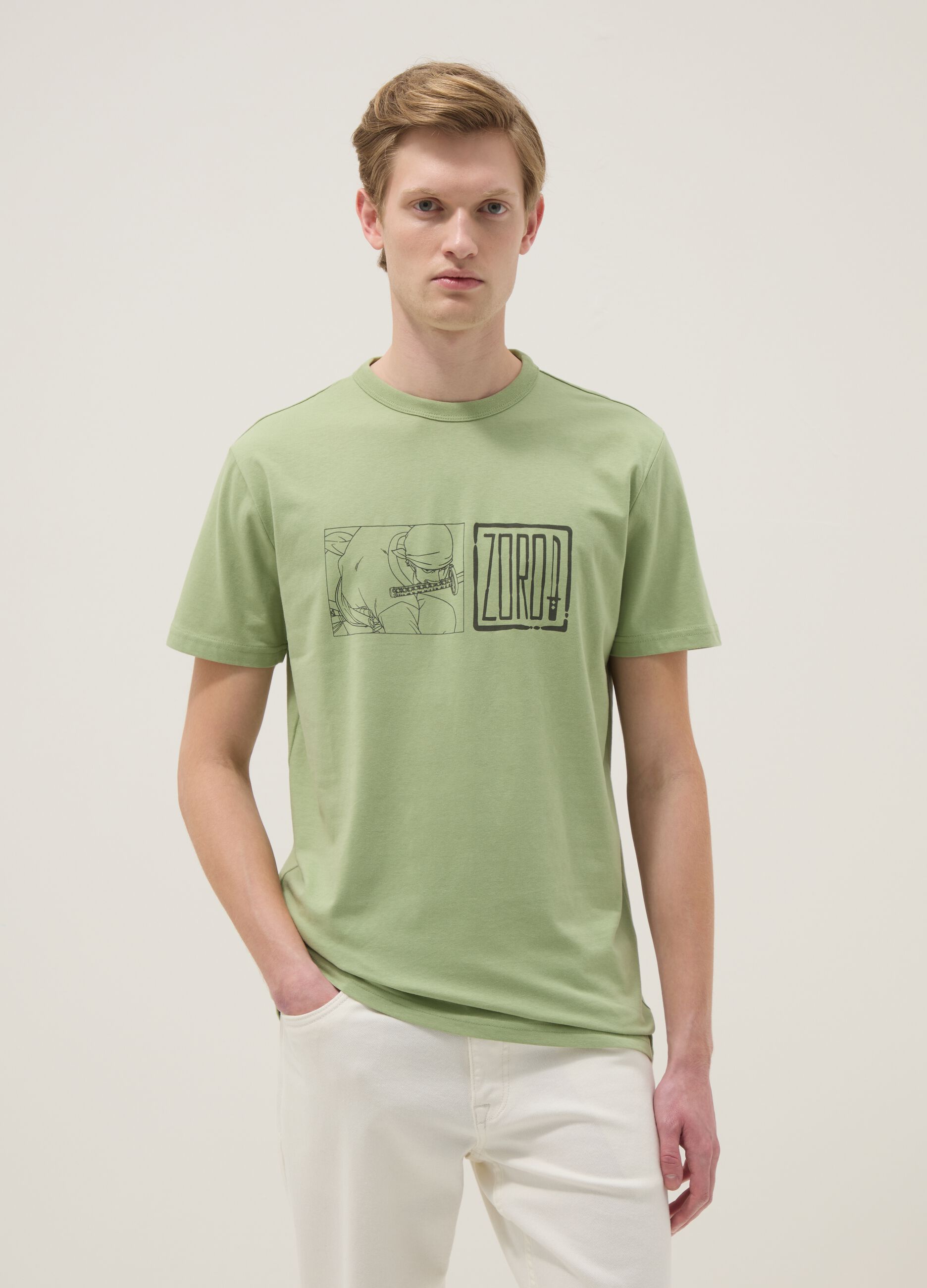 Green pure cotton T-shirt with One Piece print