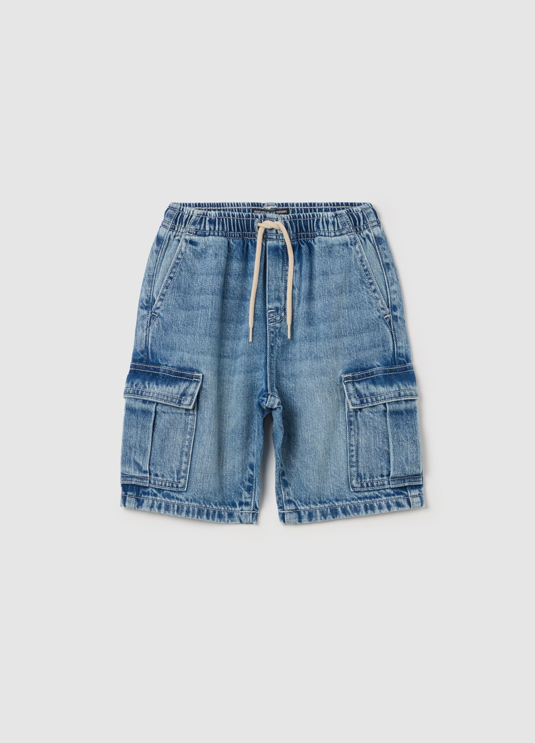 Cargo Bermuda shorts in denim with drawstring