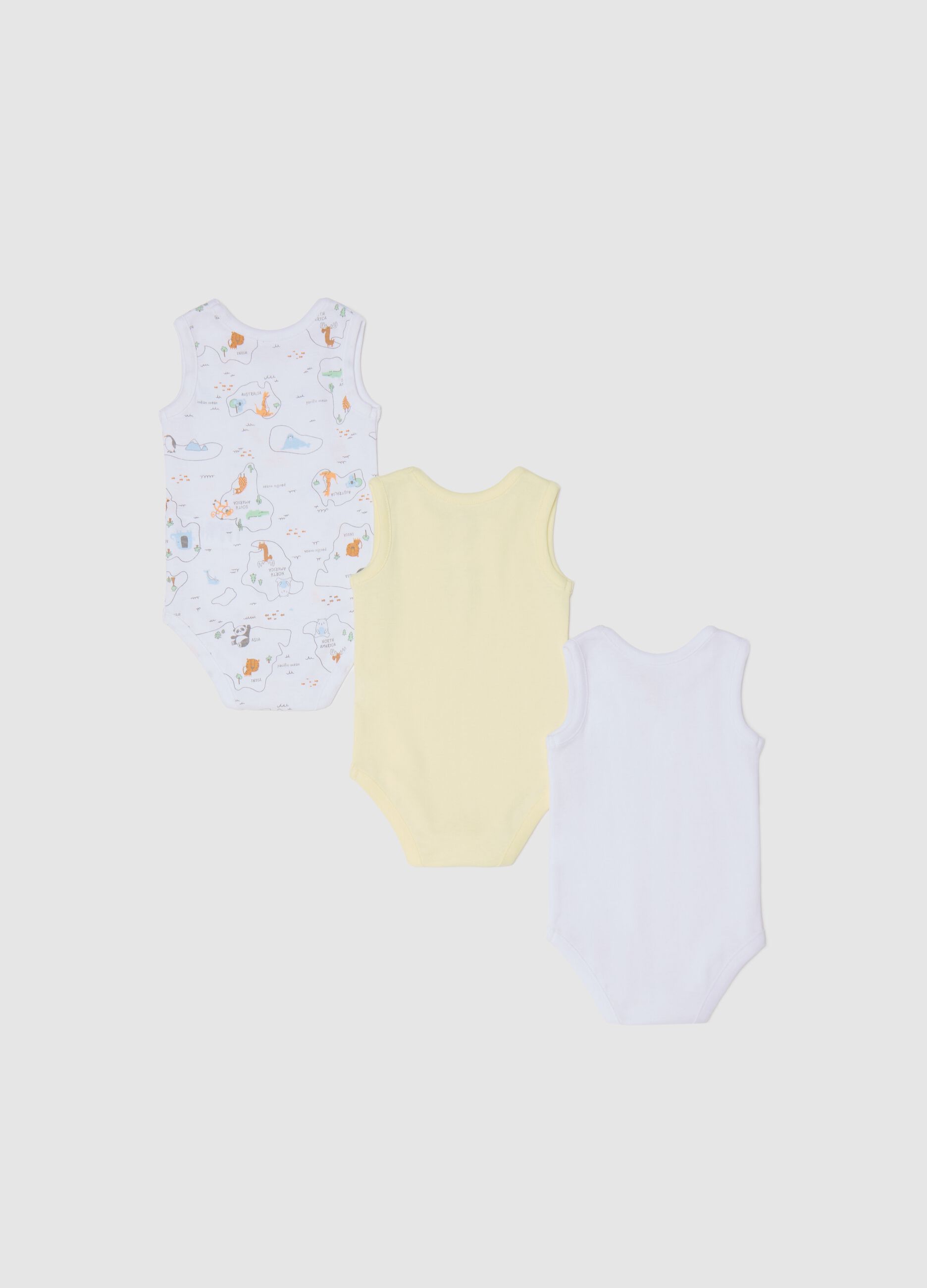 Three-pack white and yellow bodysuits in organic cotton with print
