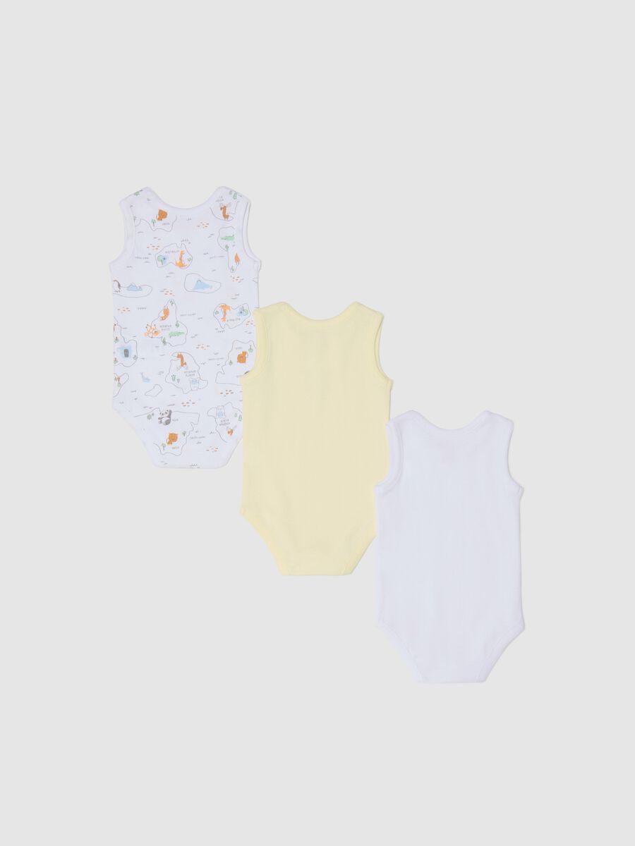 Three-pack white and yellow bodysuits in organic cotton with print_1