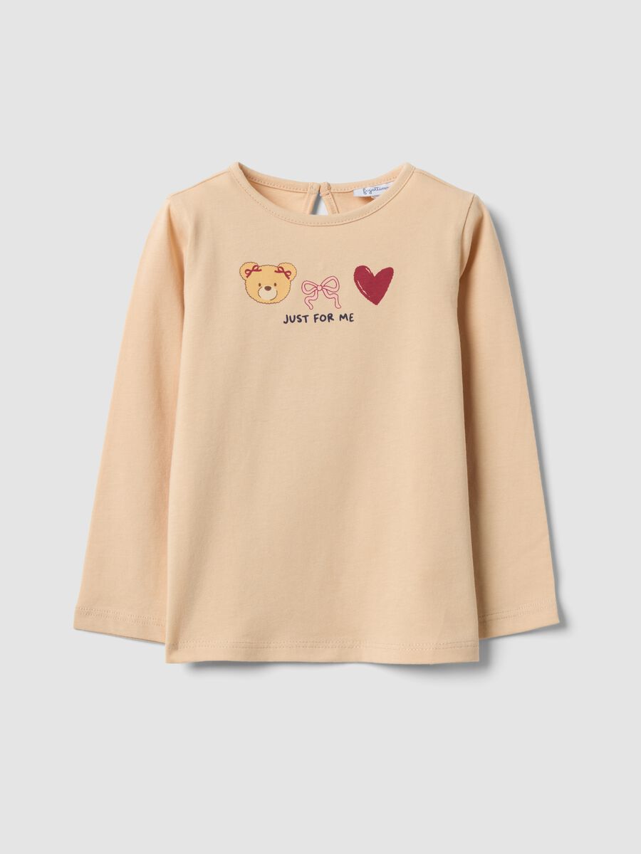 Beige organic cotton T-shirt with teddy bear print for baby girl_0