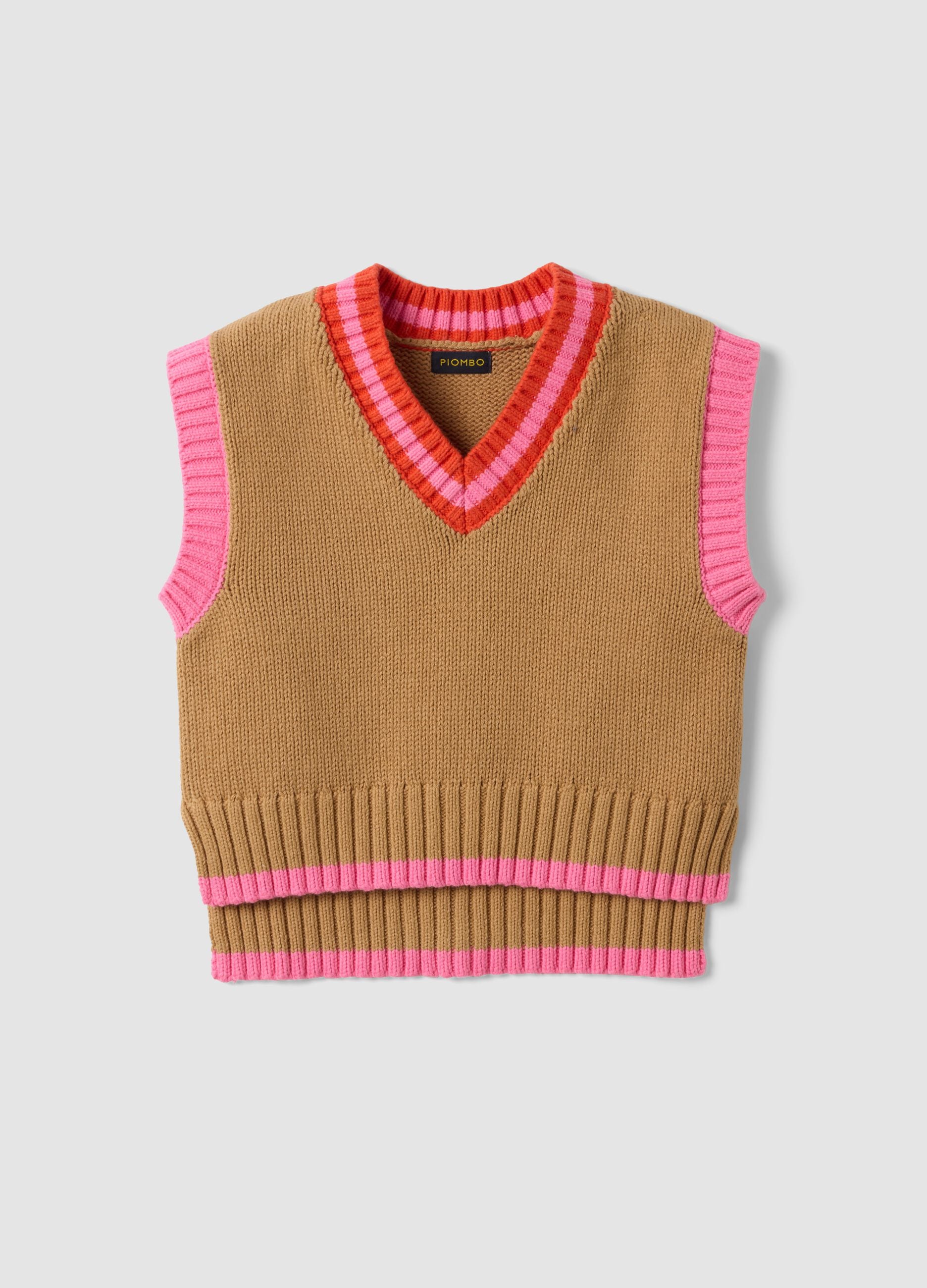 Brown cotton-blend V-neck gilet with contrast trim for girls