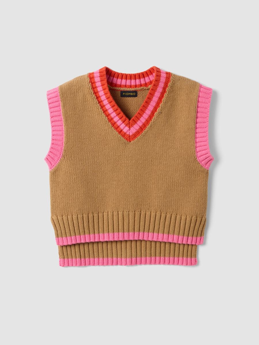 Gilet marrone in misto cotone con scollo a V e profilo a contrasto per bambina_0