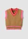 Brown cotton-blend V-neck gilet with contrast trim for girls_3