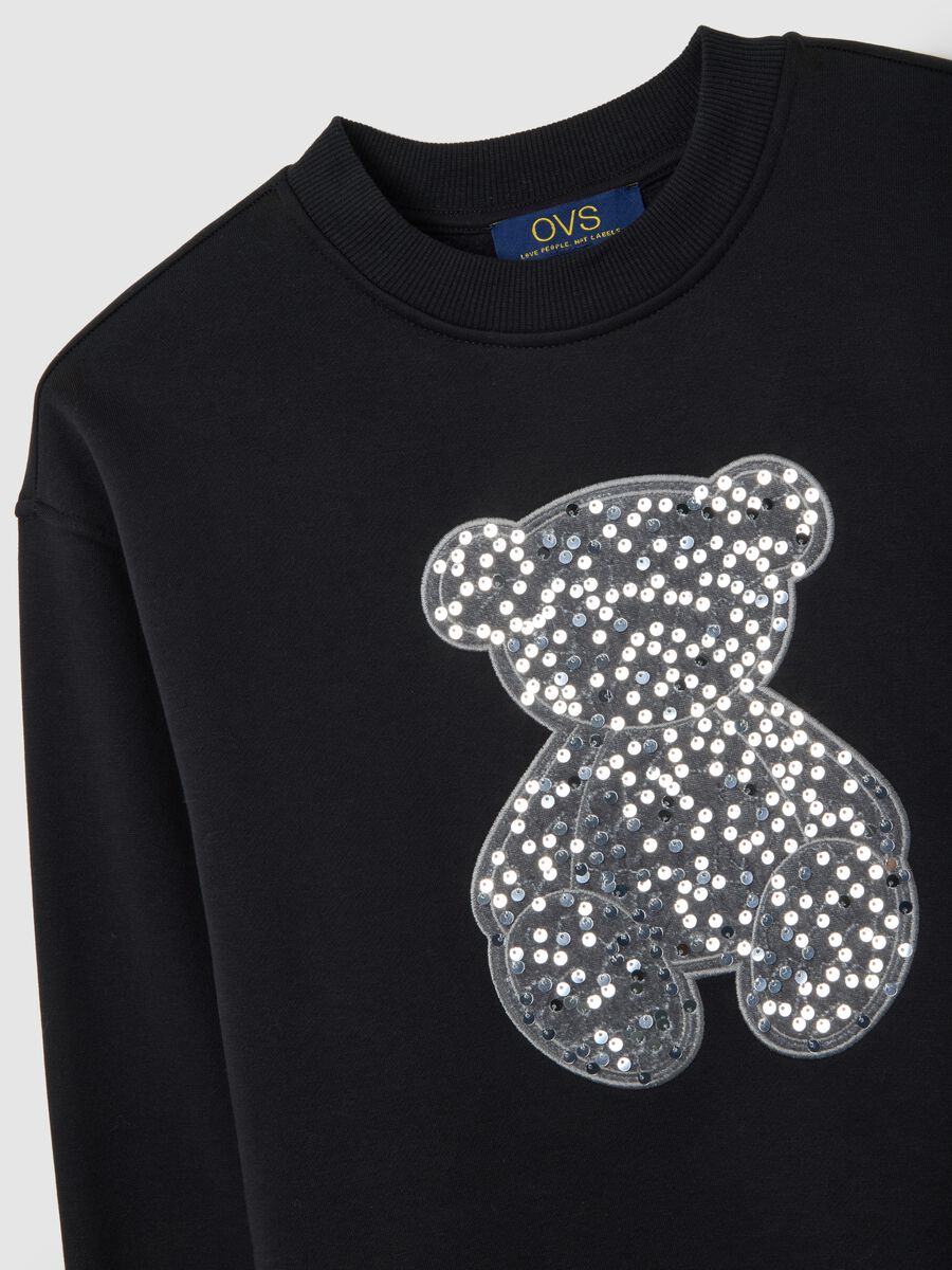 Felpa nera  in misto cotone relaxed fit con orsetto glitterato_5