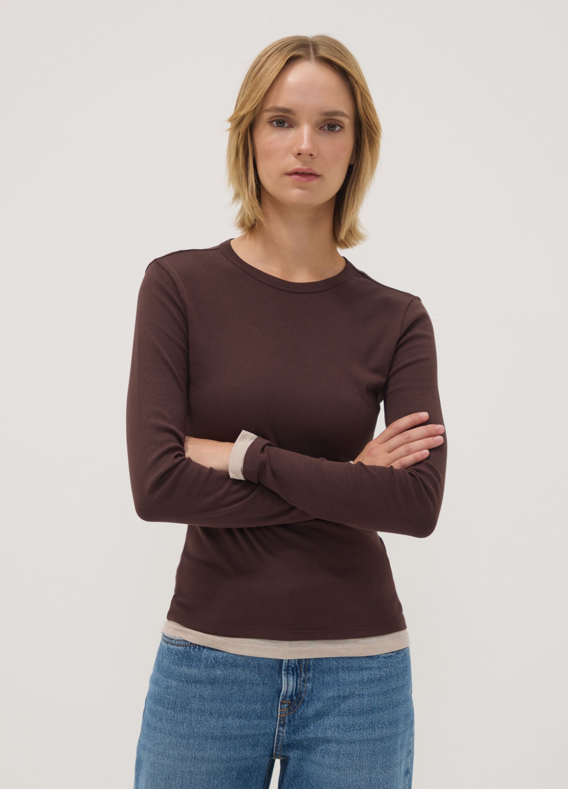 Brown cotton-blend crew-neck T-shirt