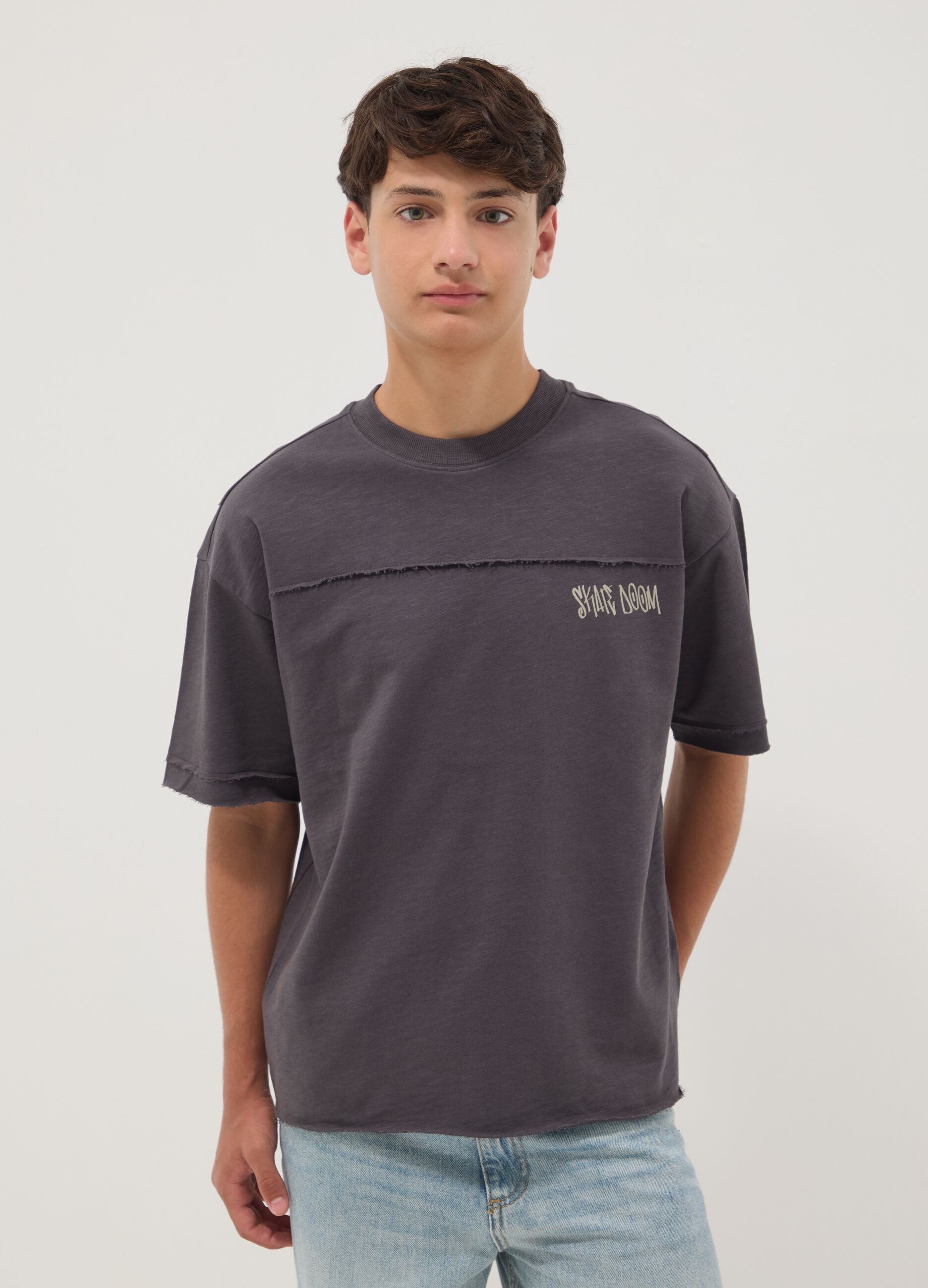 Grey pure cotton short-sleeve oversized T-shirt for boys