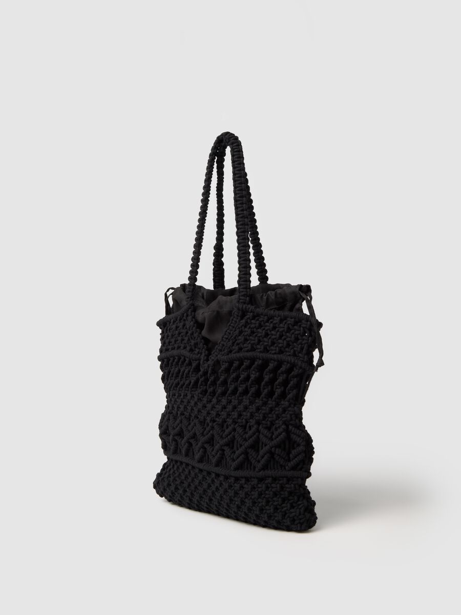 Women's black cotton blend woven tote bag_1