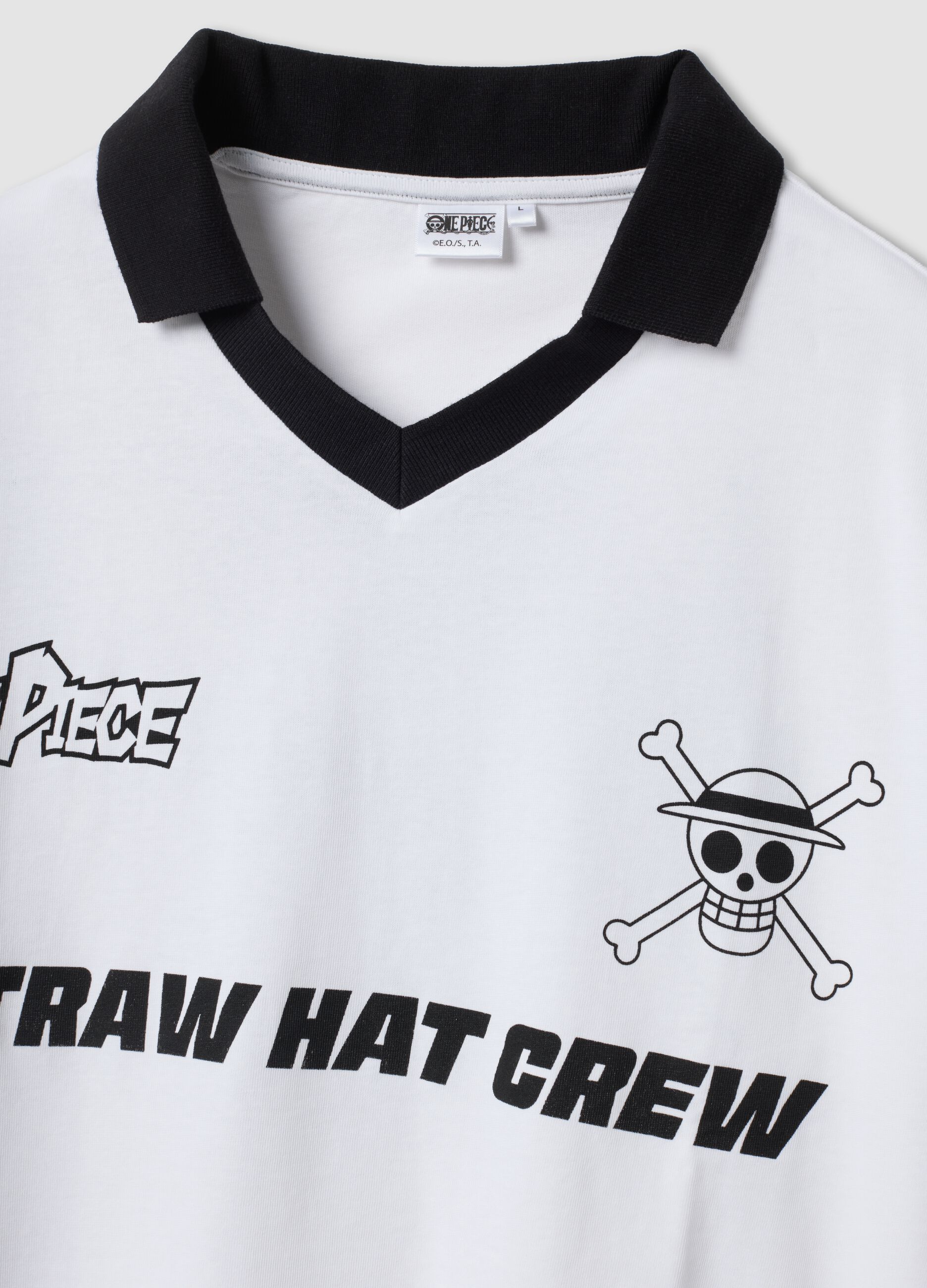 White pure-cotton T-shirt with contrast collar and One Piece print