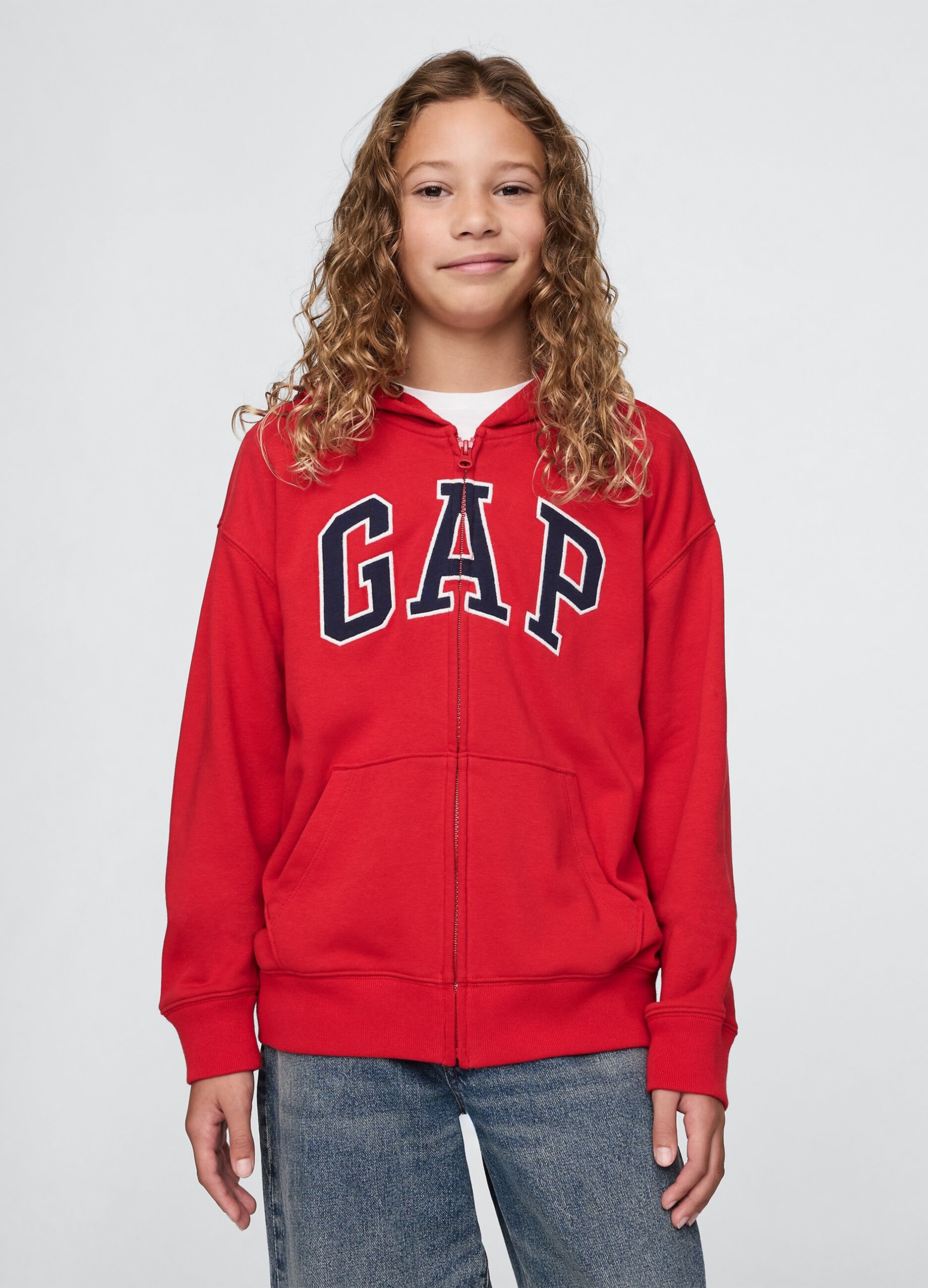 Red hoodie with GAP logo