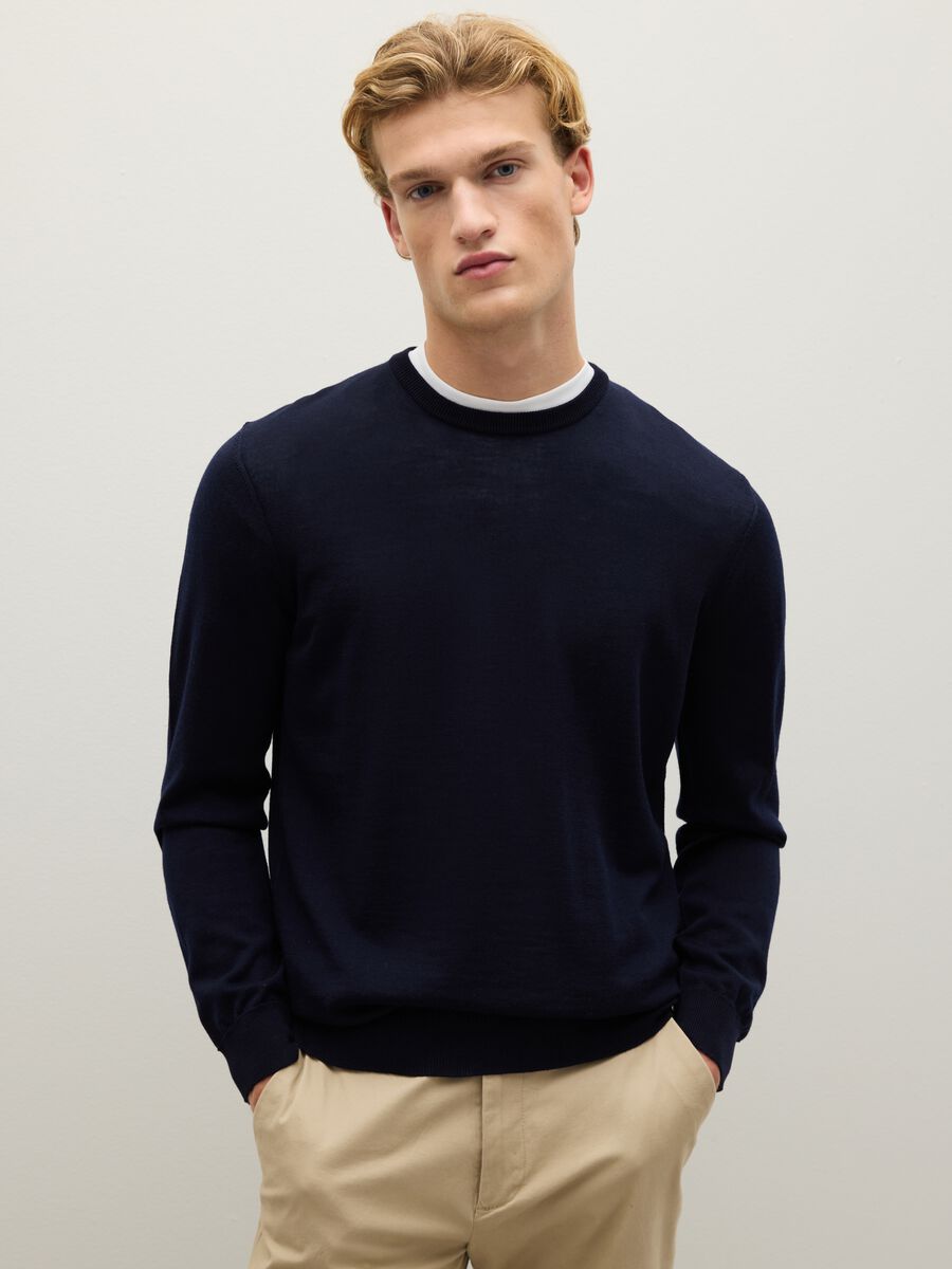 Blue merino wool crew neck jumper regular fit_0