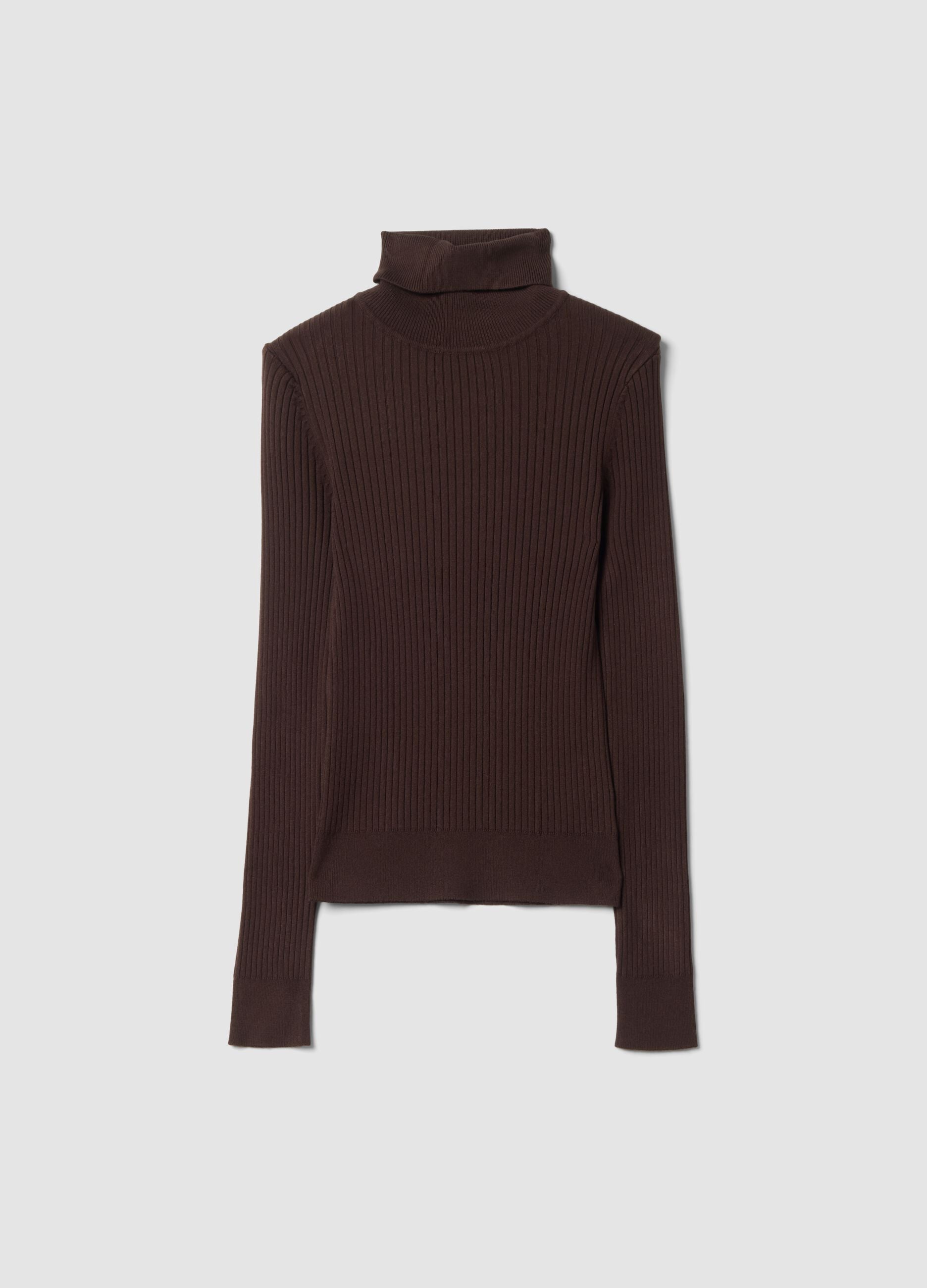 Brown ribbed viscose-blend turtleneck jumper