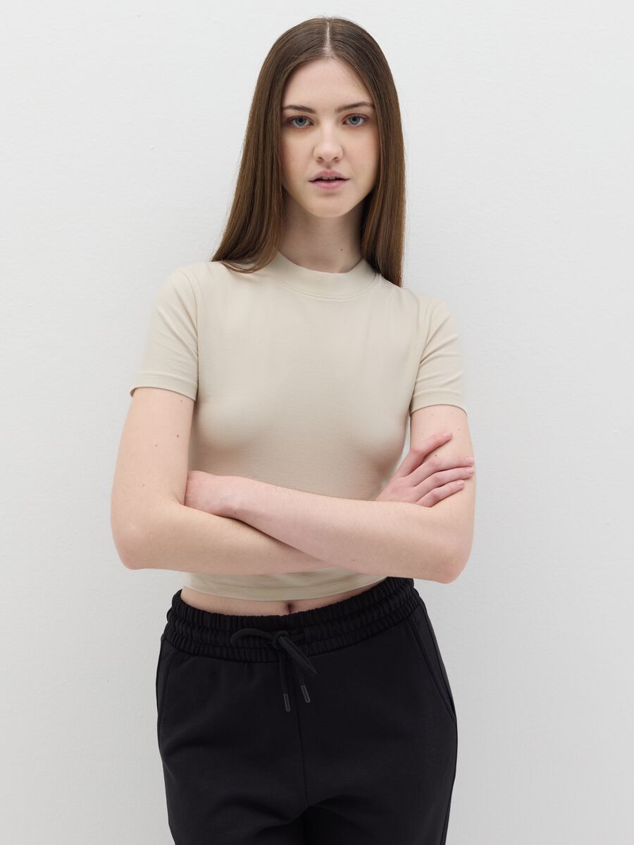 Stretch cotton T-shirt with mock neck_0