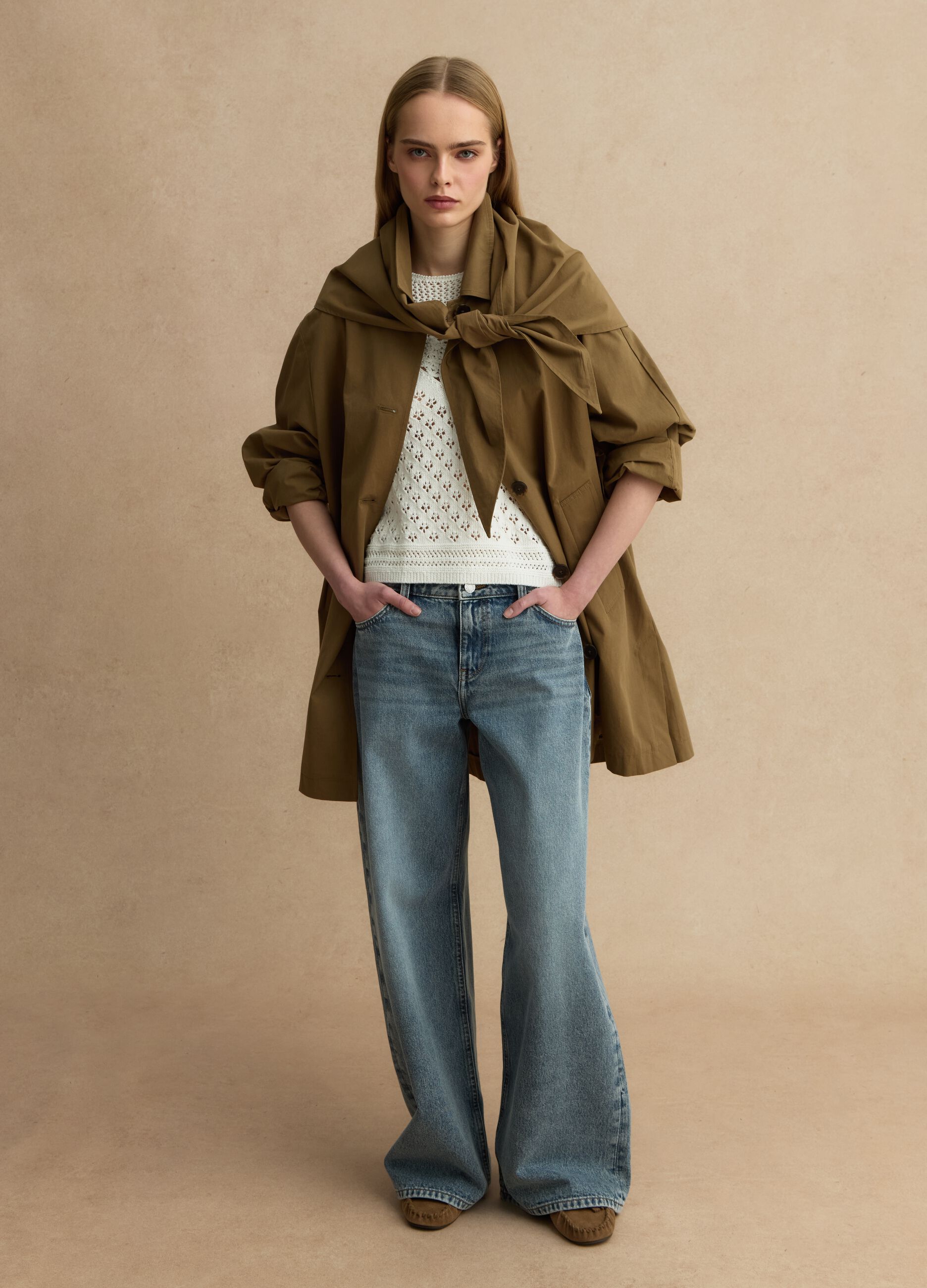 Trench con mantella removibile verde in puro cotone